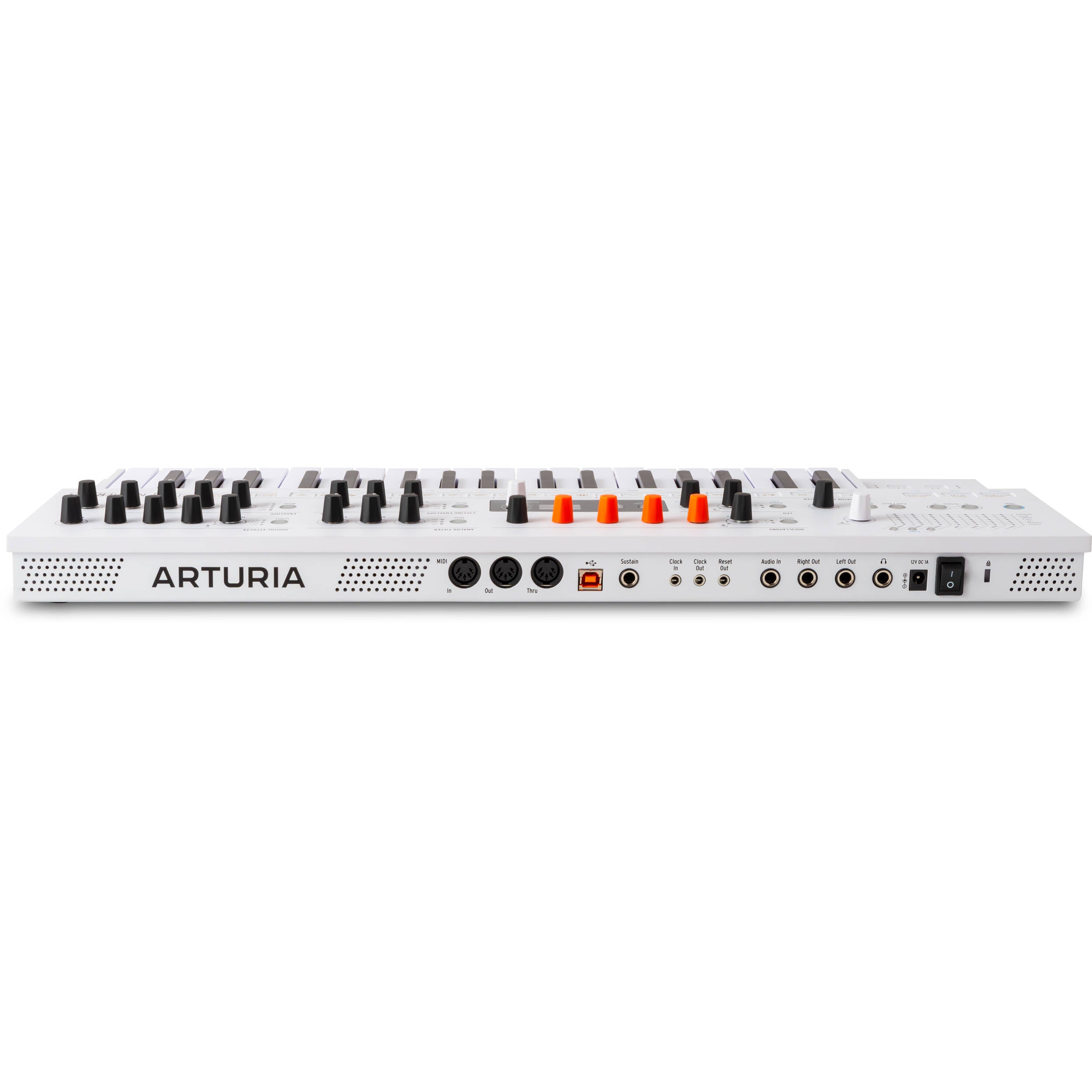Arturia MiniFreak synthesizer with built-in vocoder and control knobs, featuring a compact design and colorful LED display.