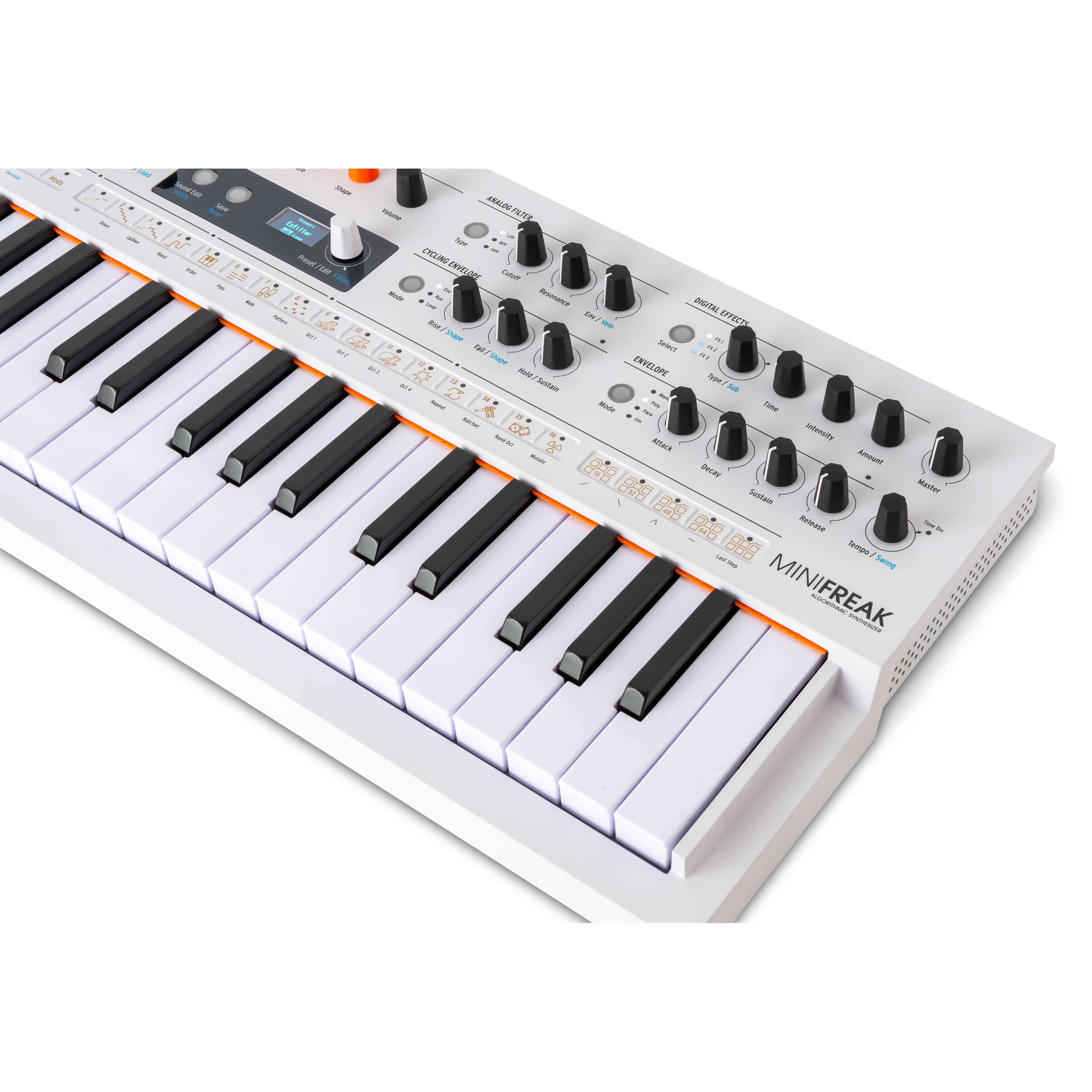 Arturia MiniFreak synthesizer with vocoder, featuring a compact keyboard, control knobs, and digital display.
