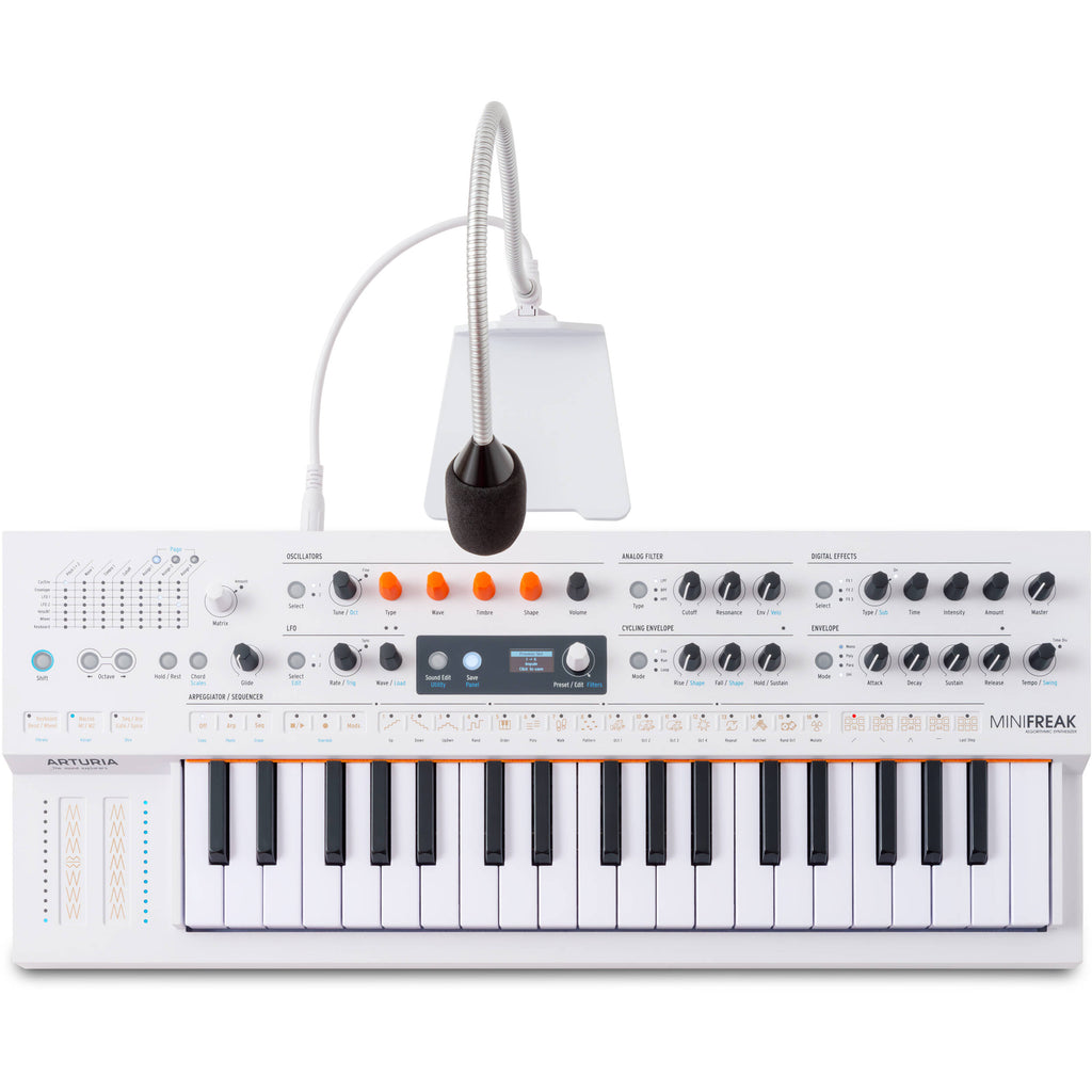 Arturia MiniFreak synthesizer with vocoder features, showing its keyboard and control panel in a close-up view