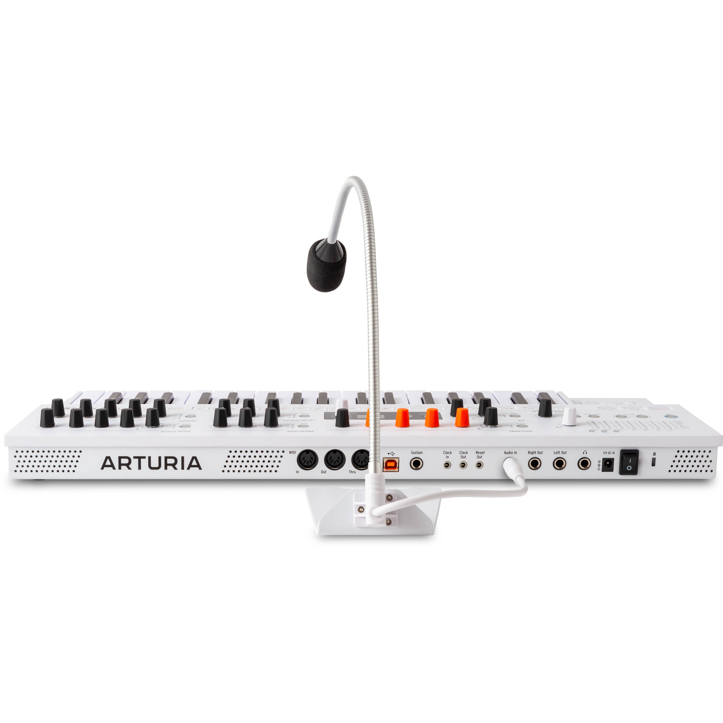 Arturia MiniFreak synthesizer with vocoder features, showing control panel and keyboard in a sleek compact design.