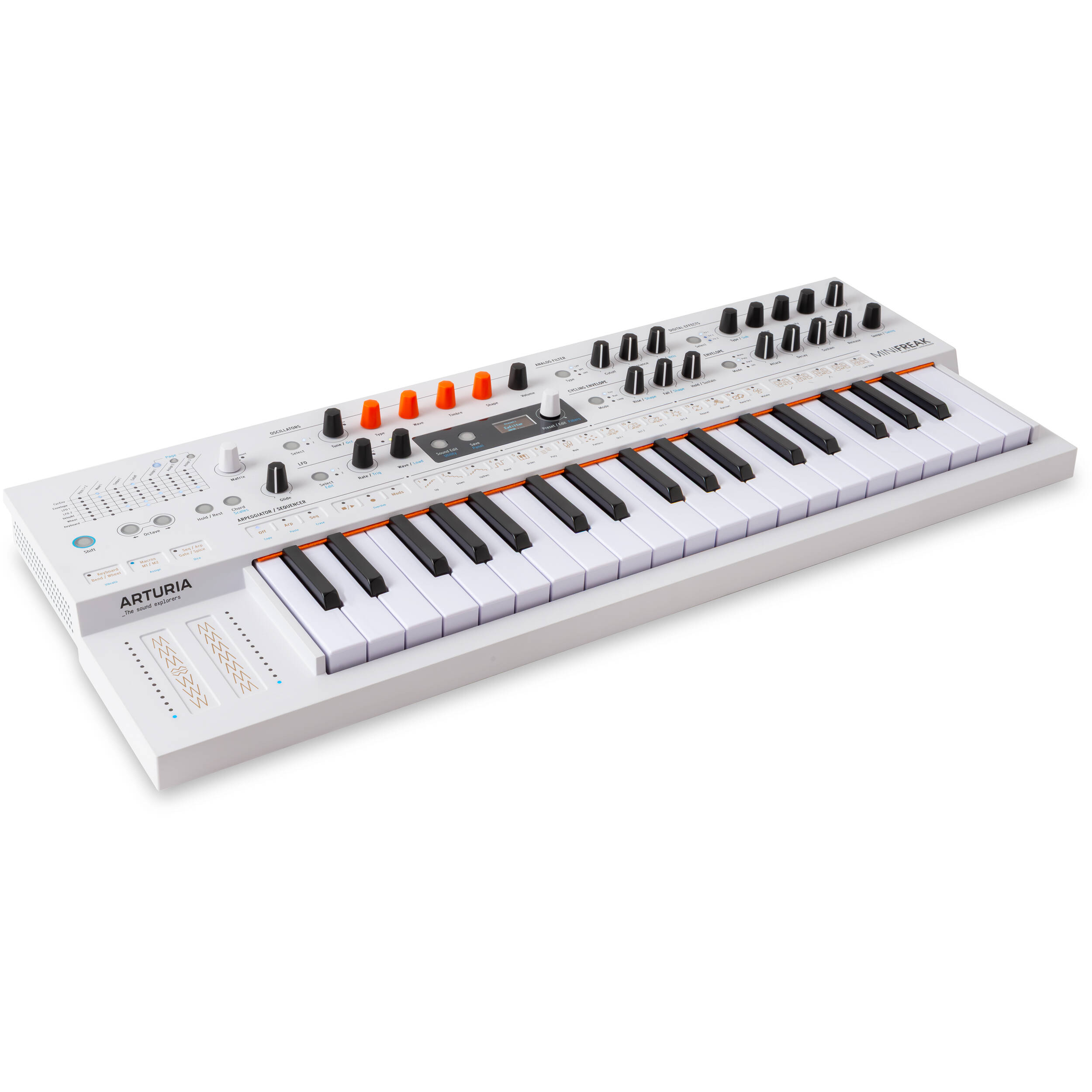 Arturia MiniFreak synthesizer with vocoder feature, showing its compact design and control panel with knobs and keys.