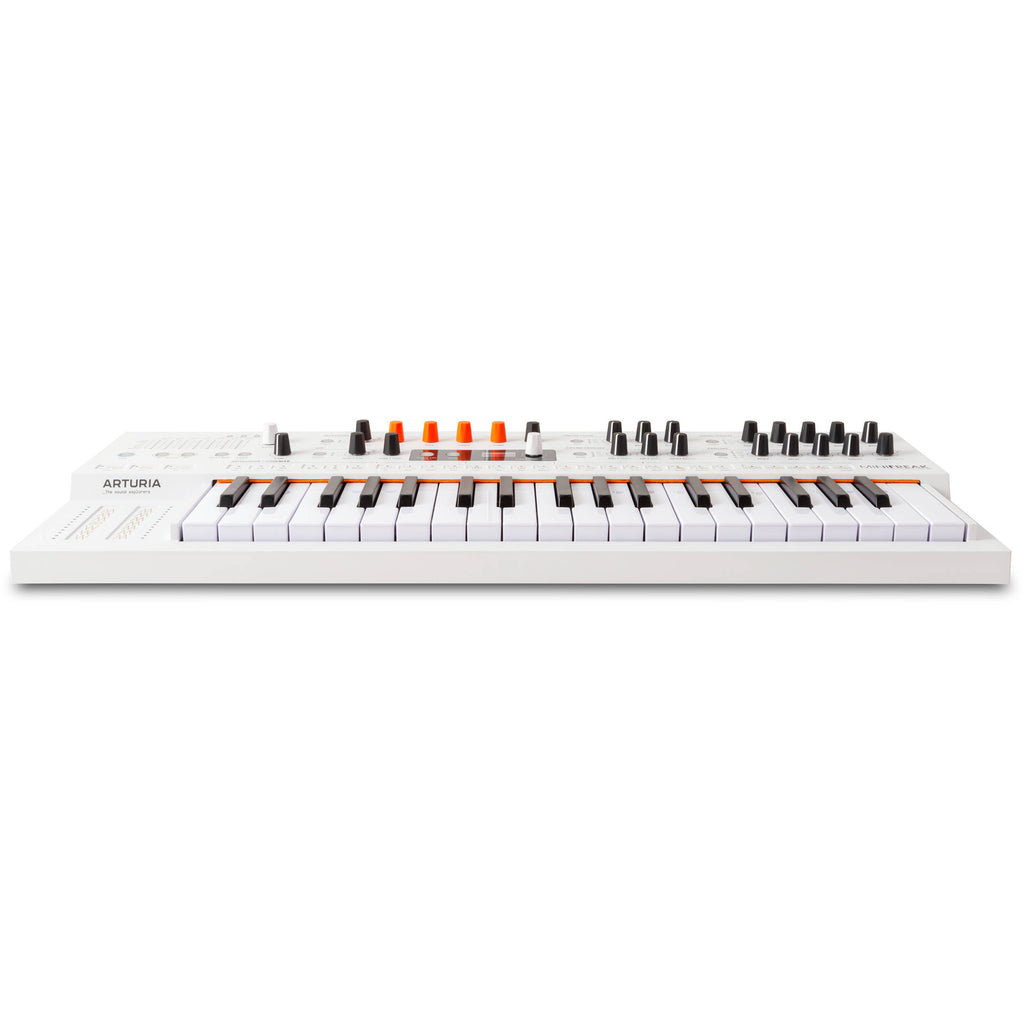 Arturia MiniFreak synthesizer with built-in vocoder, featuring a sleek black design and control knobs on the front panel.