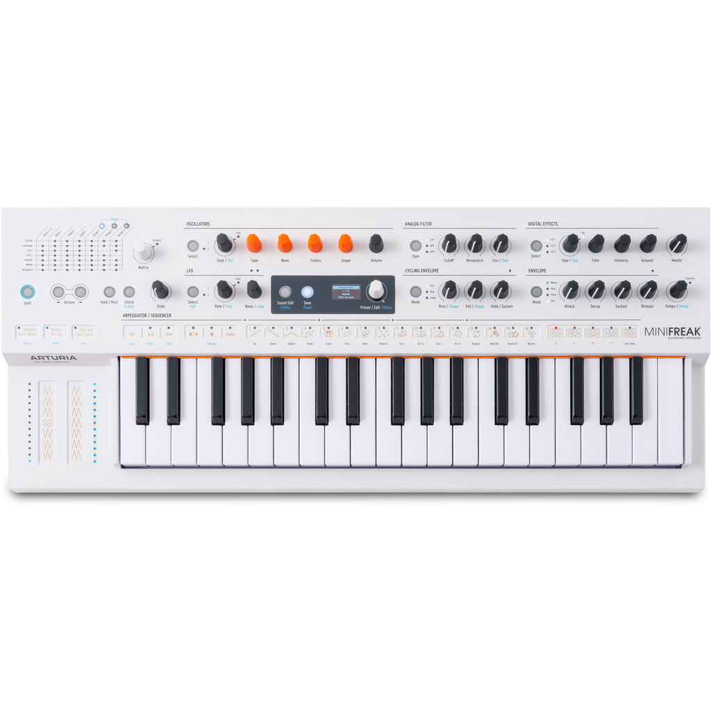 Arturia MiniFreak synthesizer with vocoder featuring a compact keyboard, control knobs, and digital display on a sleek black design.