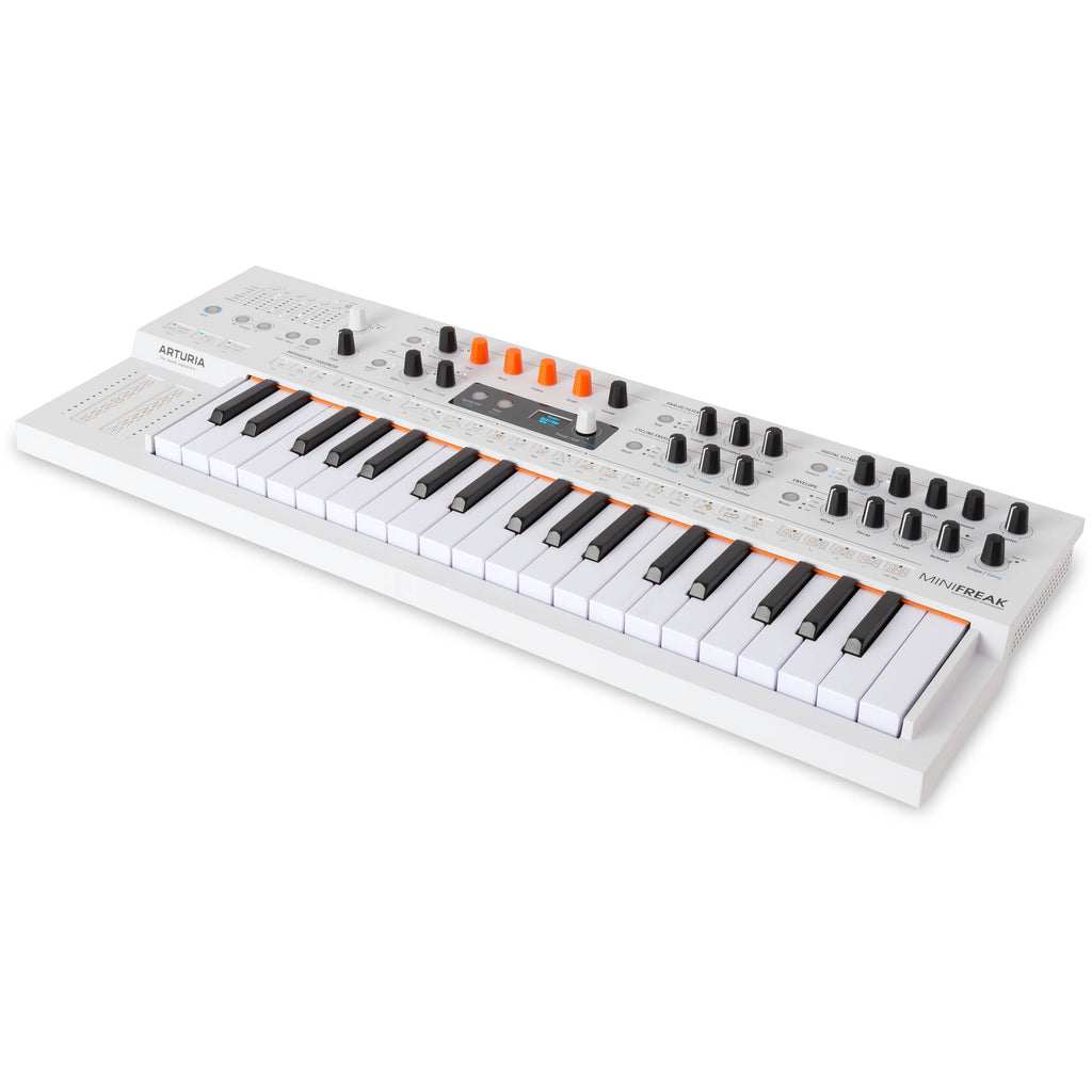 Arturia MiniFreak synthesizer with built-in vocoder, featuring a compact design and various control knobs and buttons.