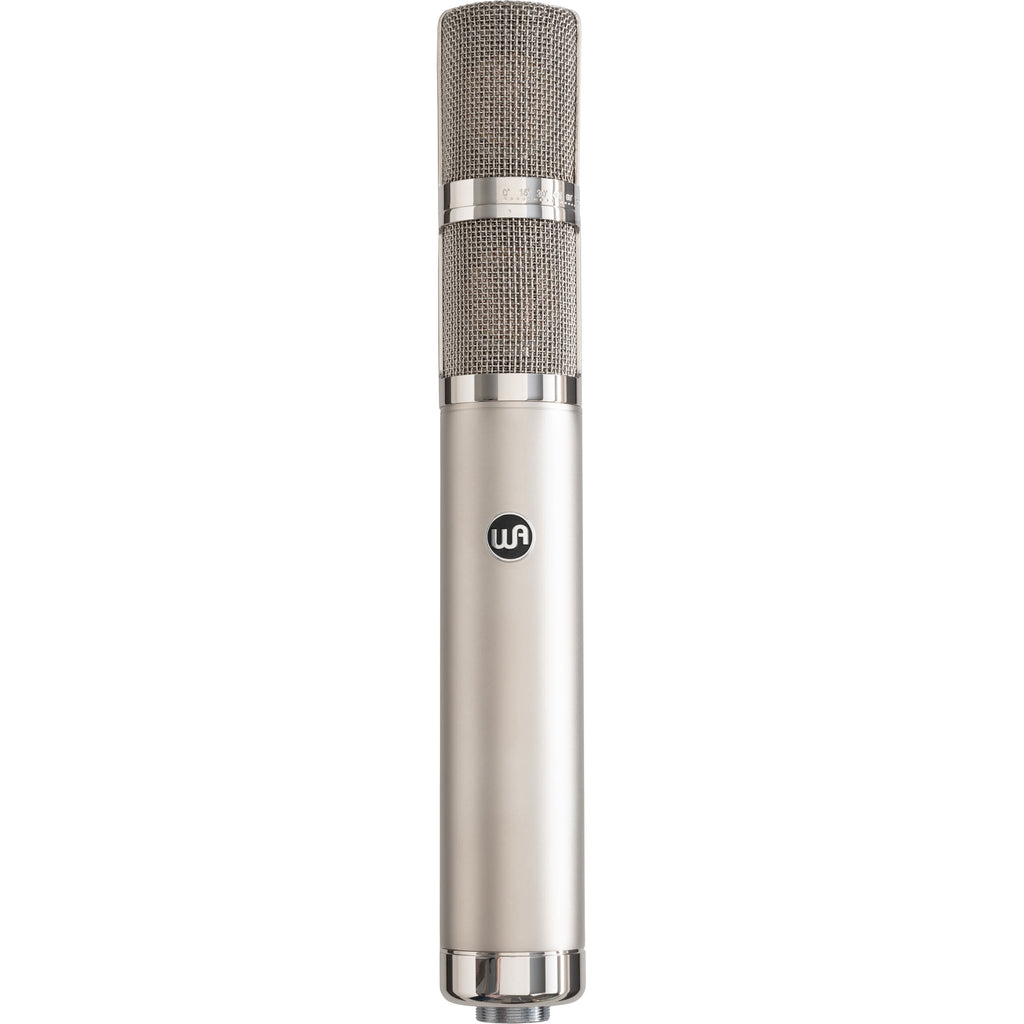 Warm Audio WA-CX24 condenser microphone shown with its sleek metal body and large diaphragm for studio recording.