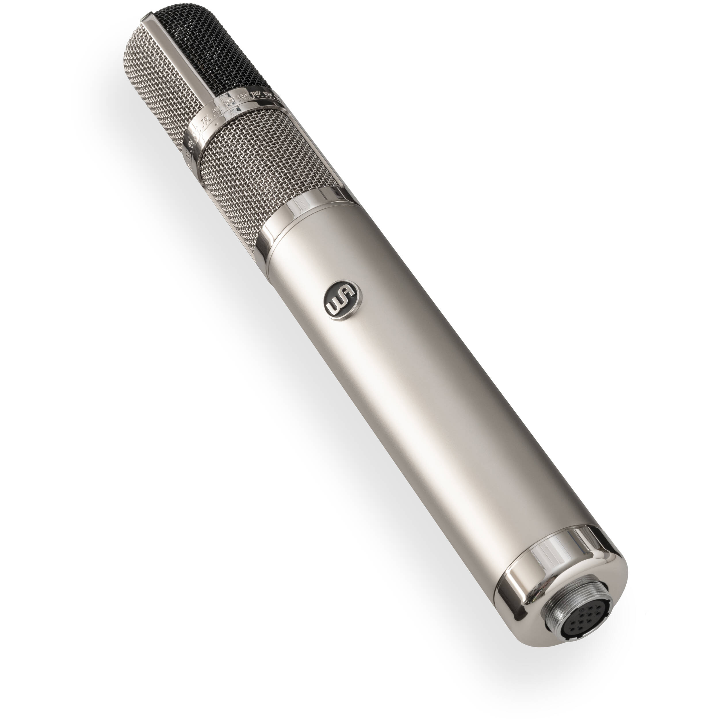 Warm Audio WA-CX24 condenser microphone shown with metal body and grille, ideal for studio recording and vocals.