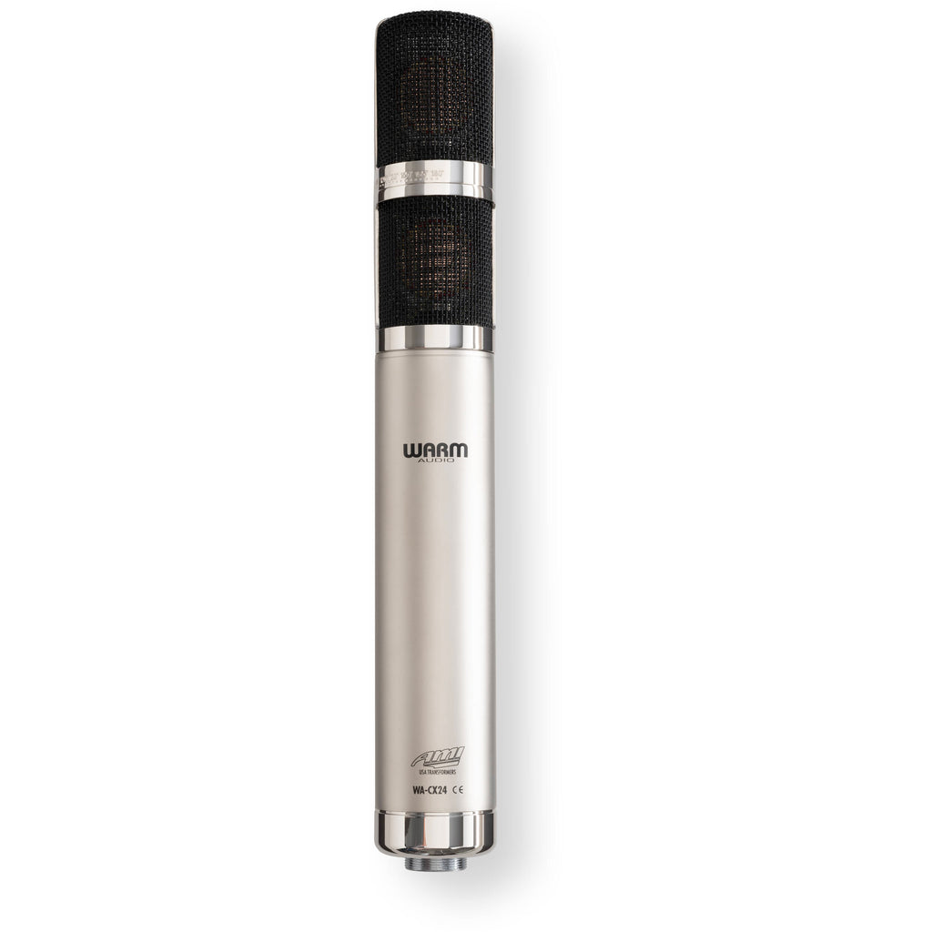 Warm Audio WA-CX24 condenser microphone shown with its sleek metal body and cardioid pickup pattern for studio recording.