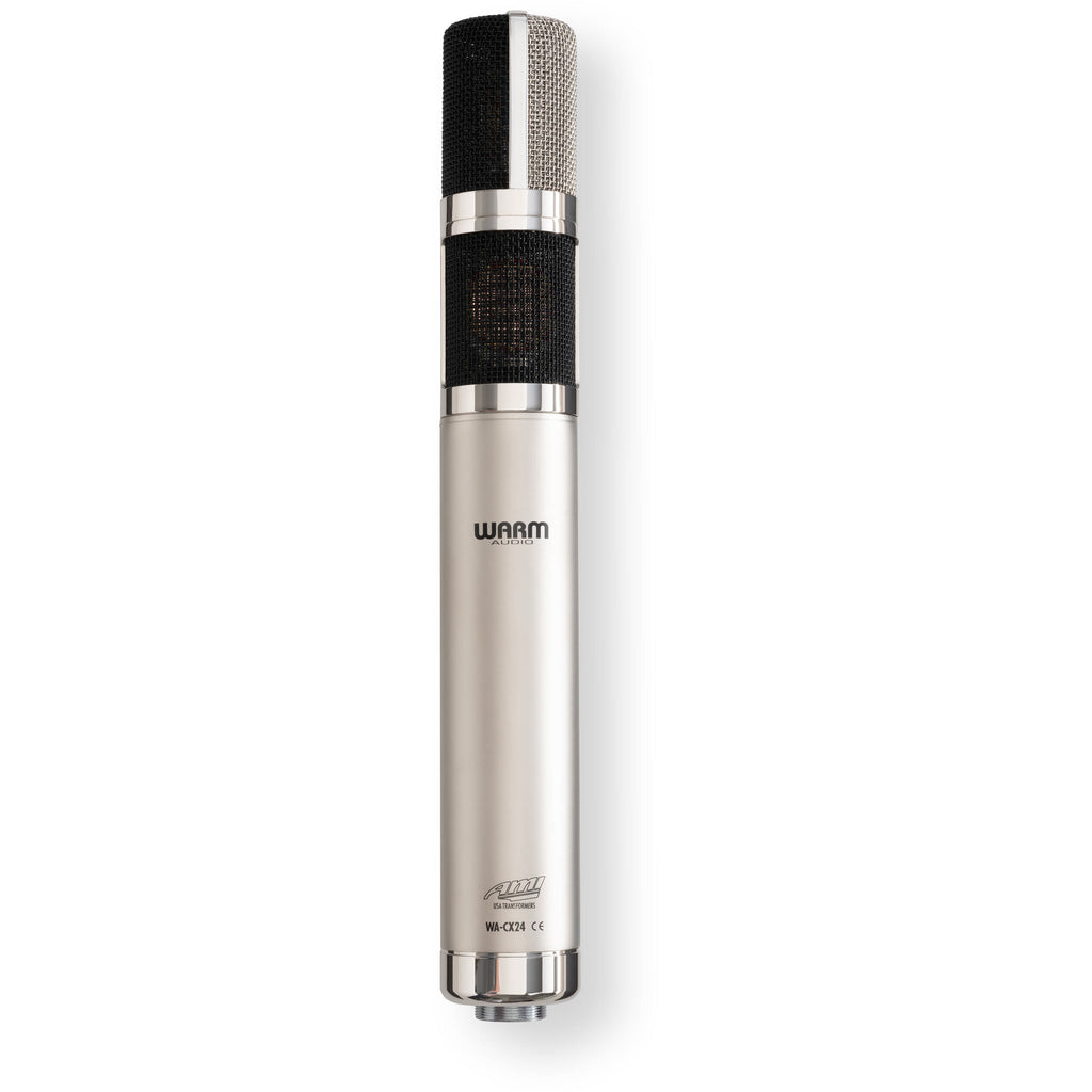 Warm Audio WA-CX24 condenser microphone shown with its sleek design and professional build, ideal for studio recording.