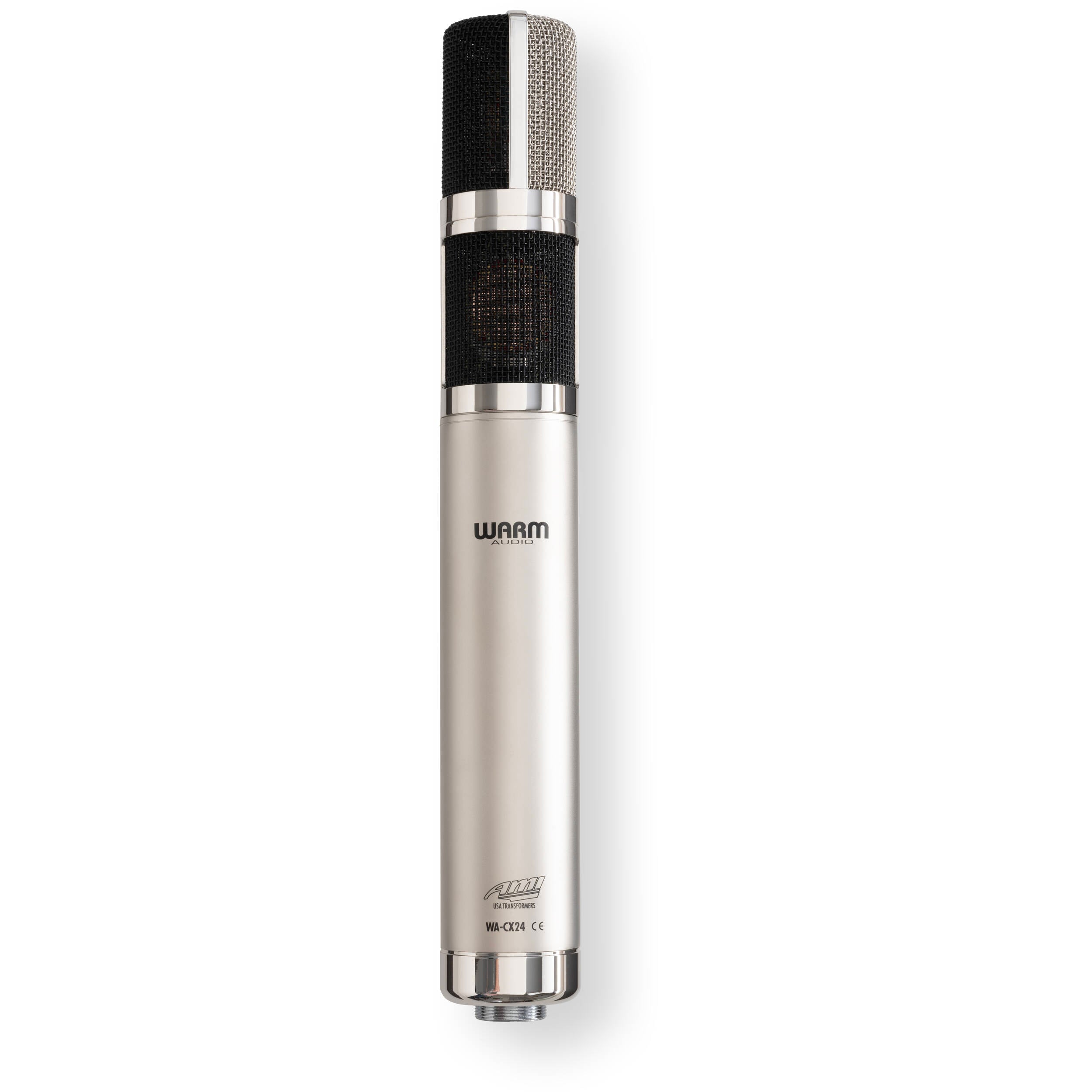 Warm Audio WA-CX24 condenser microphone shown with its sleek design and professional build, ideal for studio recording.
