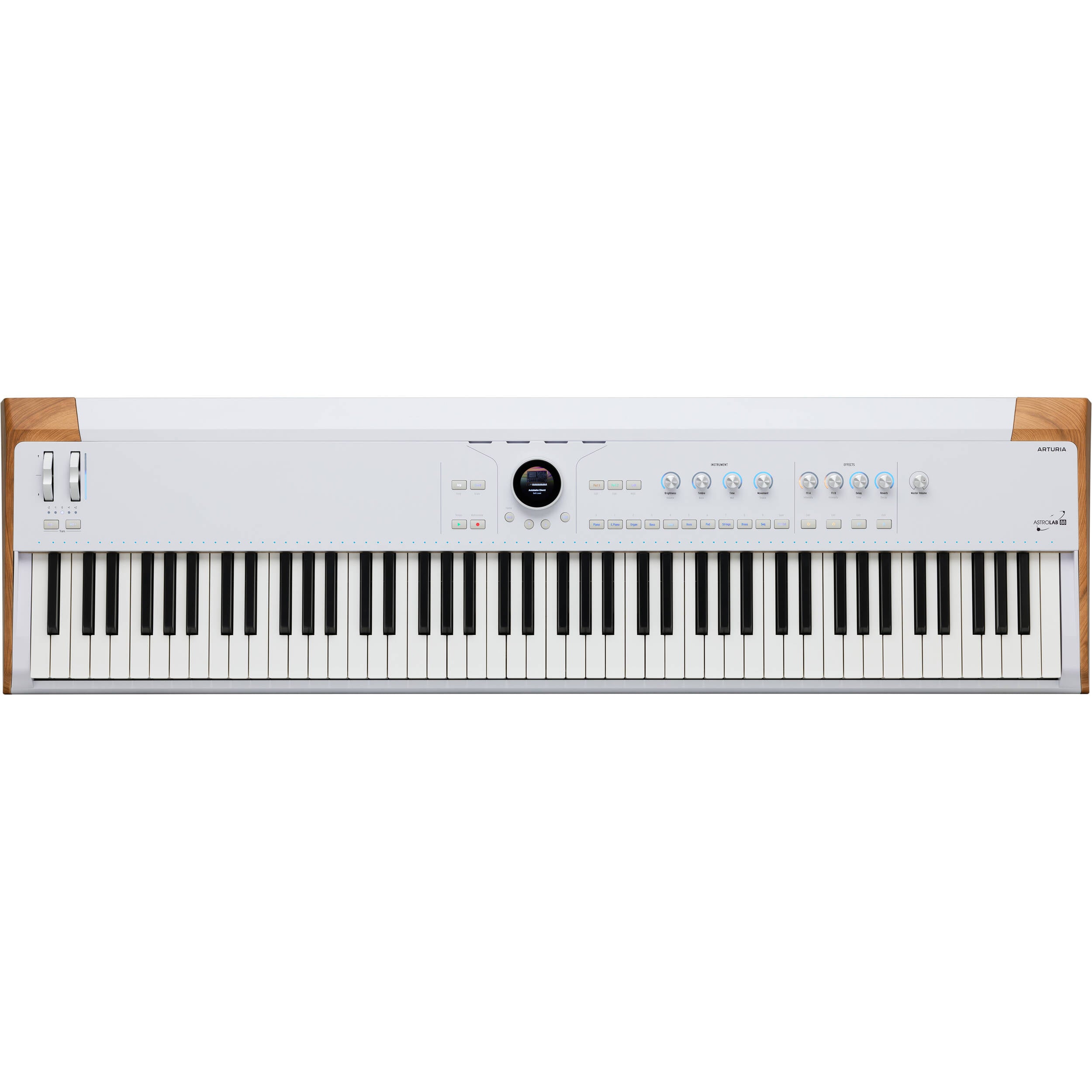 Arturia AstroLab 88 performance keyboard with black keys and sleek design, featuring various control knobs and a compact form.