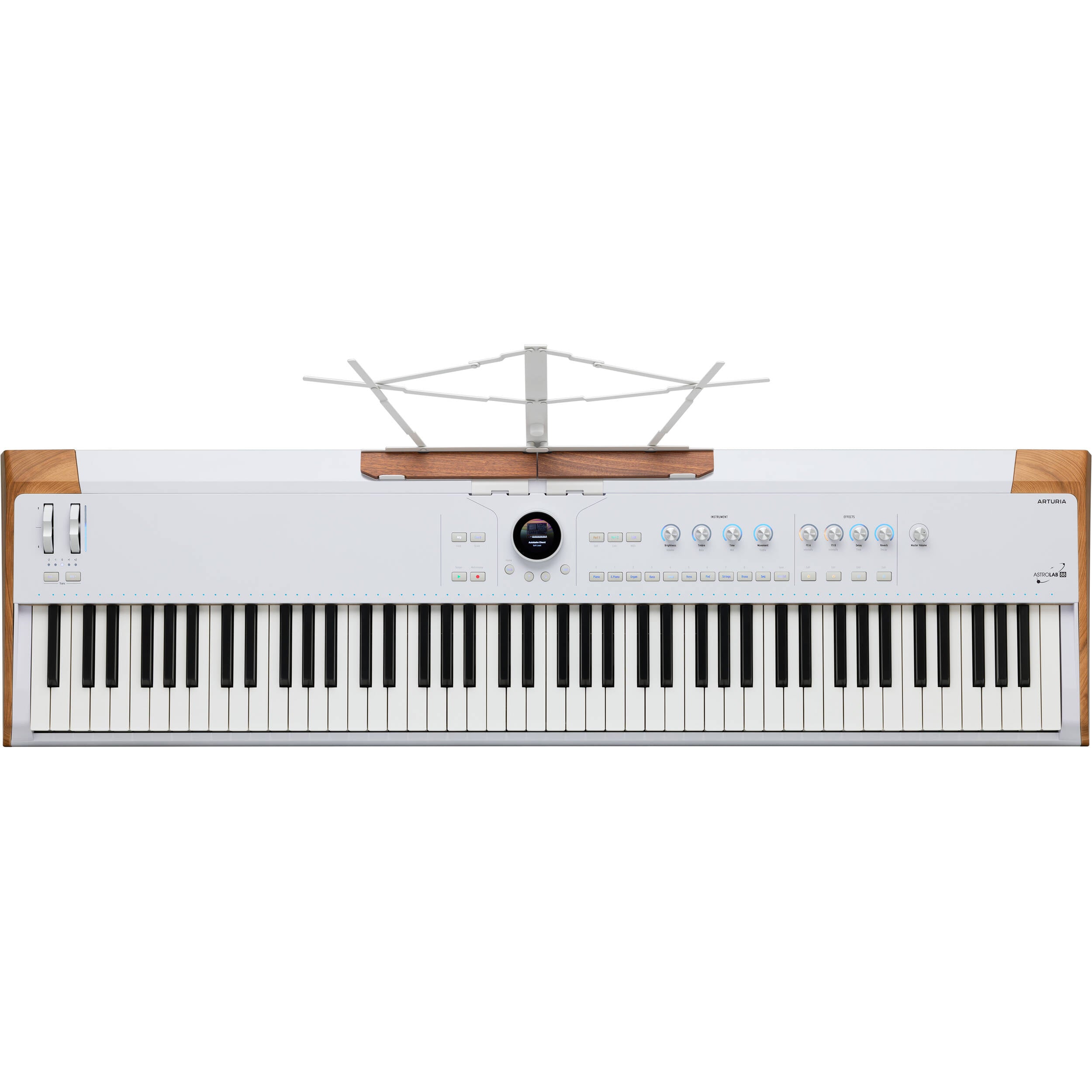 Arturia AstroLab 88 performance keyboard with black keys and modern design, showing the full keyboard layout and control panel.