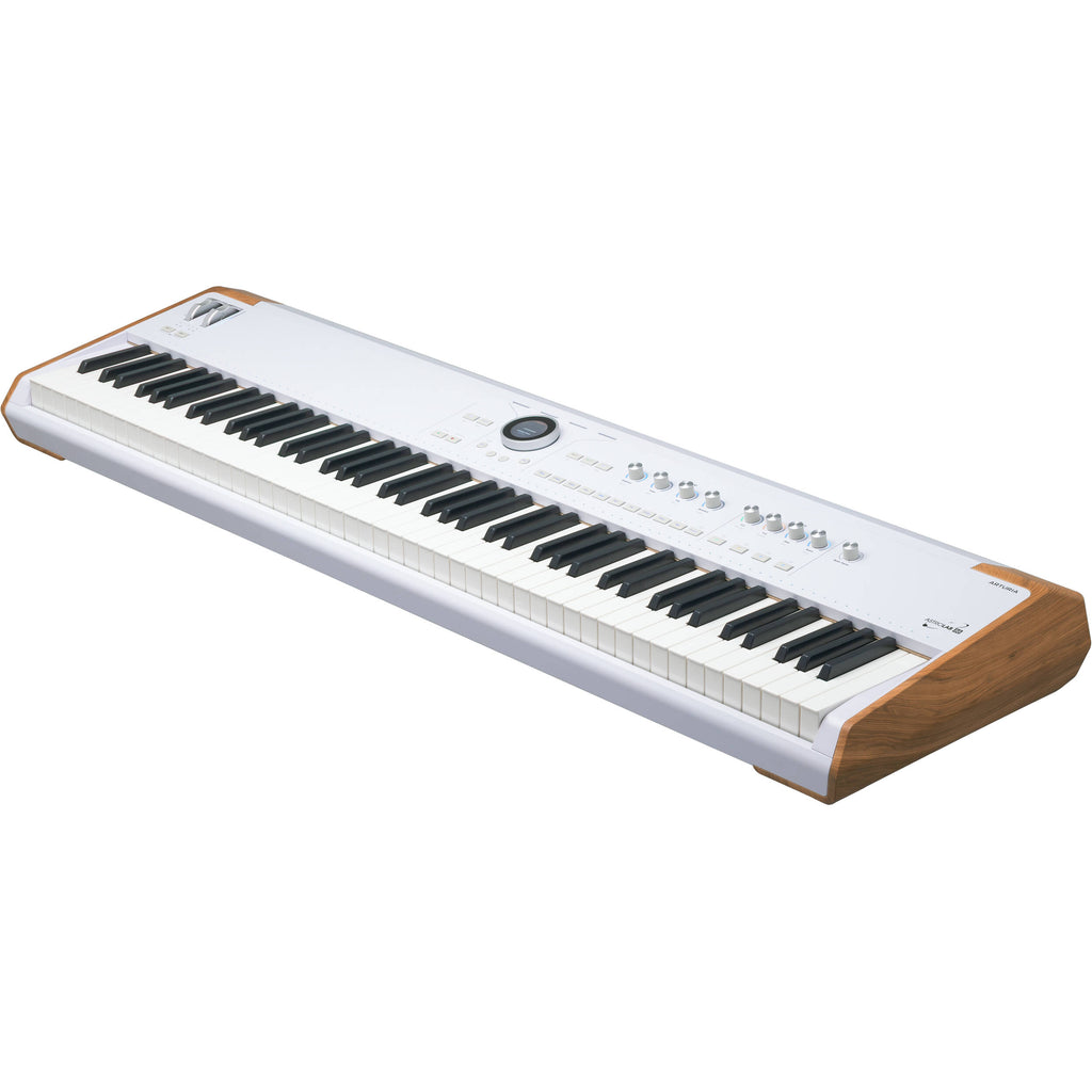 Arturia AstroLab 88 performance keyboard with black keys and control knobs, designed for music production and live performances.