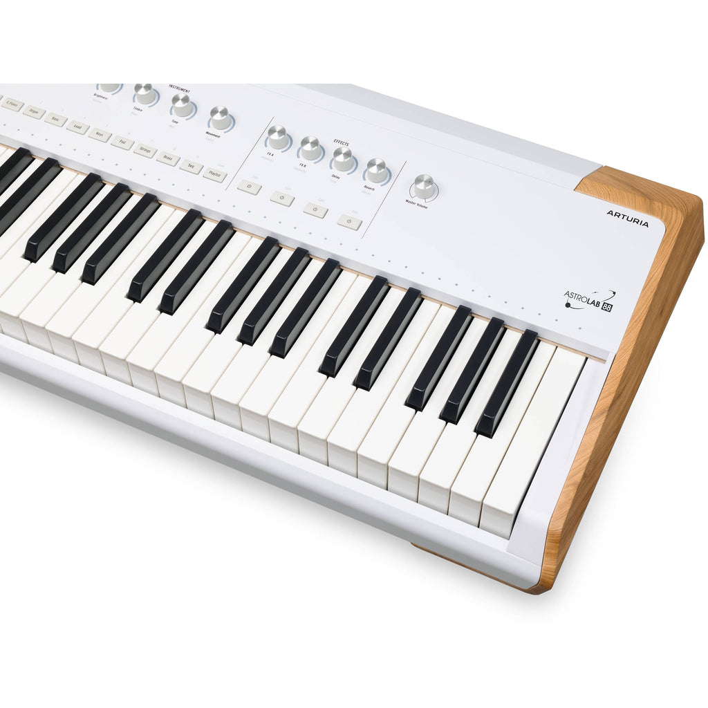 Arturia AstroLab 88 performance keyboard with black keys and wooden side panels, featuring a sleek digital piano design