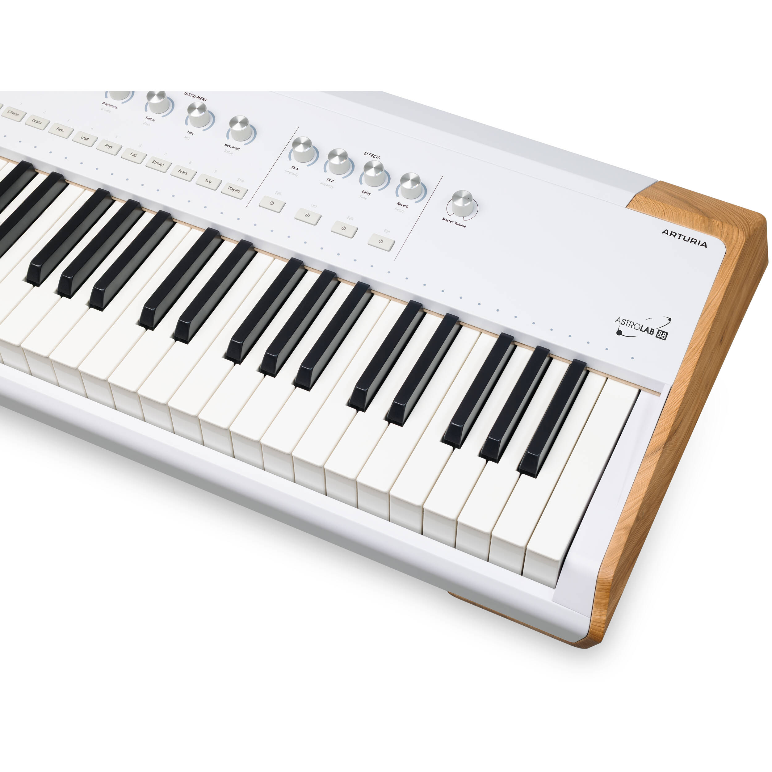 Arturia AstroLab 88 performance keyboard with black keys and wooden side panels, featuring a sleek digital piano design
