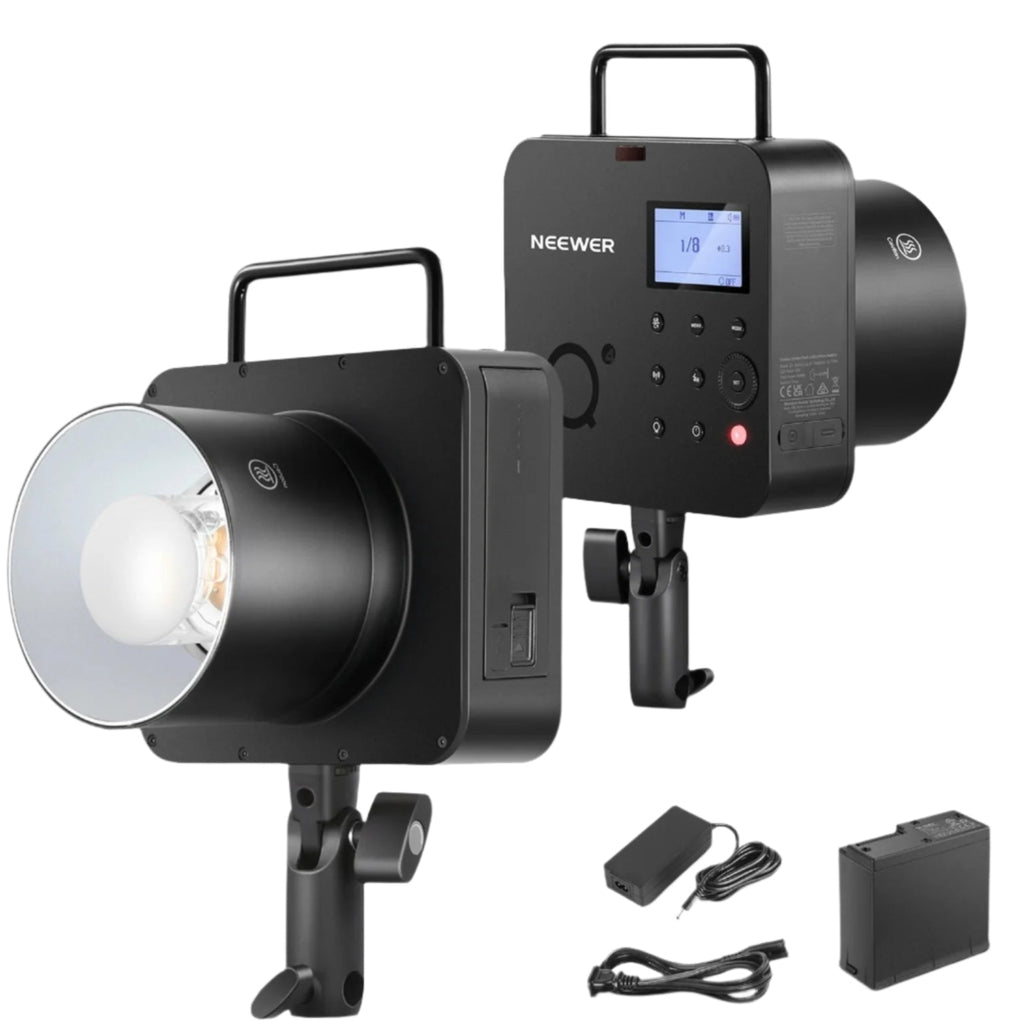 Neewer Q4 400Ws studio flash with 2.4G TTL wireless trigger and control panel for professional photography lighting.