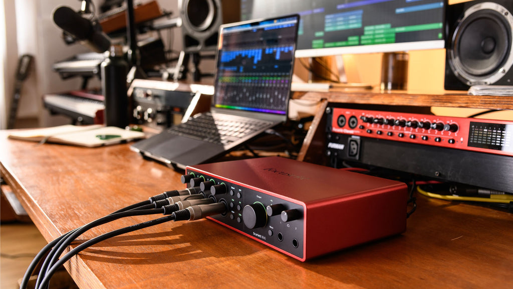 Focusrite Scarlett 18i16 4th Gen audio interface with multiple input and output ports, professional-grade recording equipment.