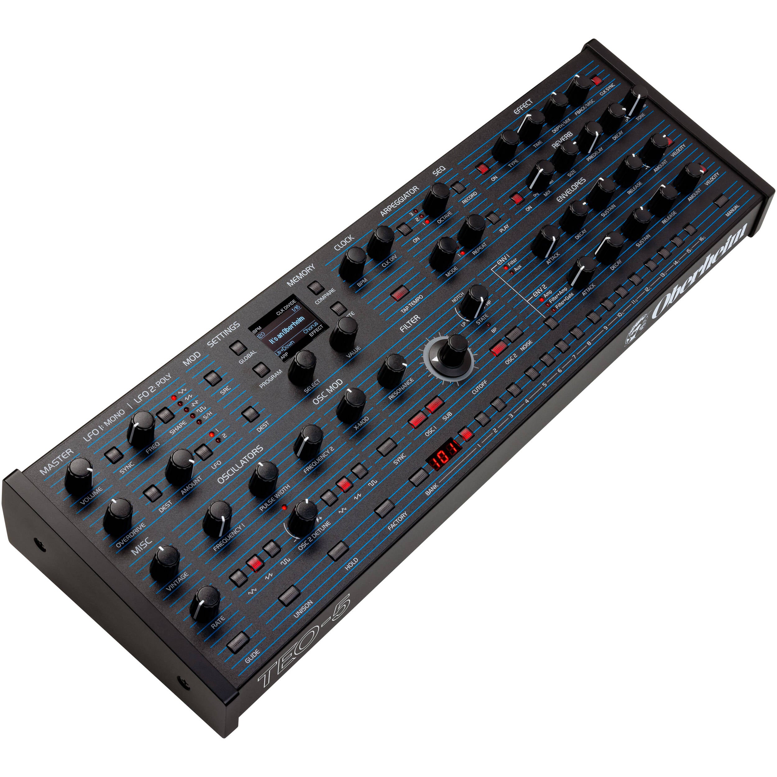 Oberheim TEO-5 desktop synthesizer with control knobs and colorful interface, compact music production keyboard.
