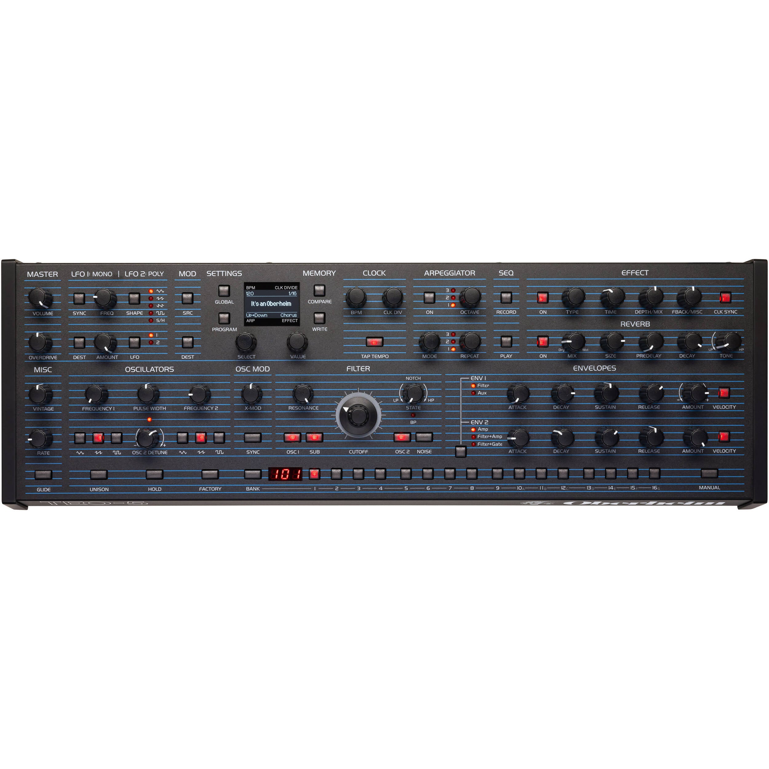 Oberheim TEO-5 Desktop synthesizer with control knobs and small display, compact electronic music instrument.