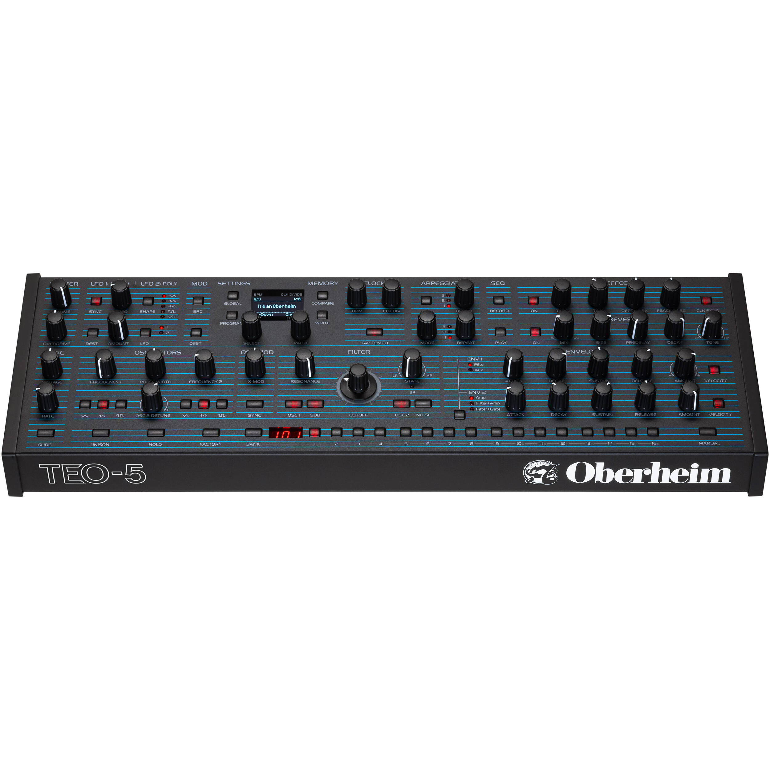 Oberheim TEO-5 desktop synthesizer with keyboard and control panel, compact design, and various knobs and switches.