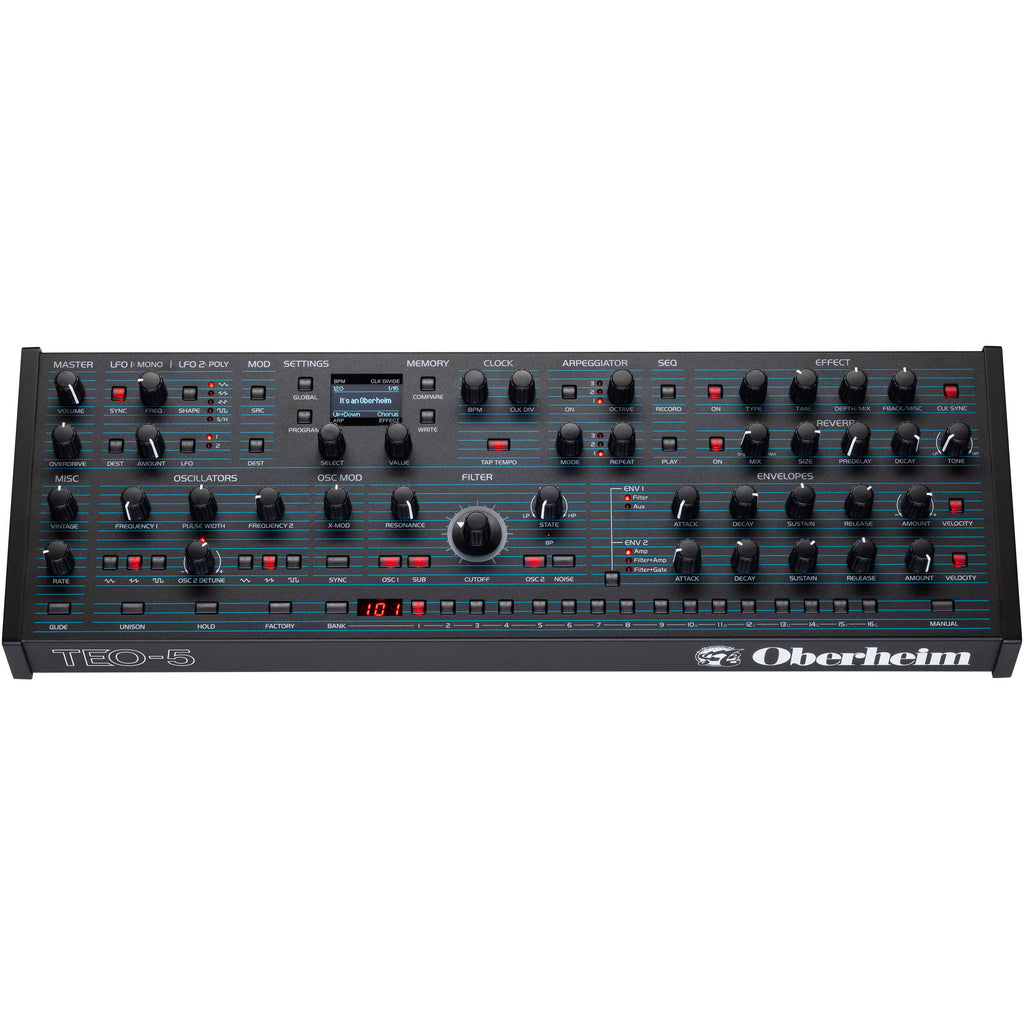 Oberheim TEO-5 desktop synthesizer with control knobs and colorful display, designed for music production and sound creation.
