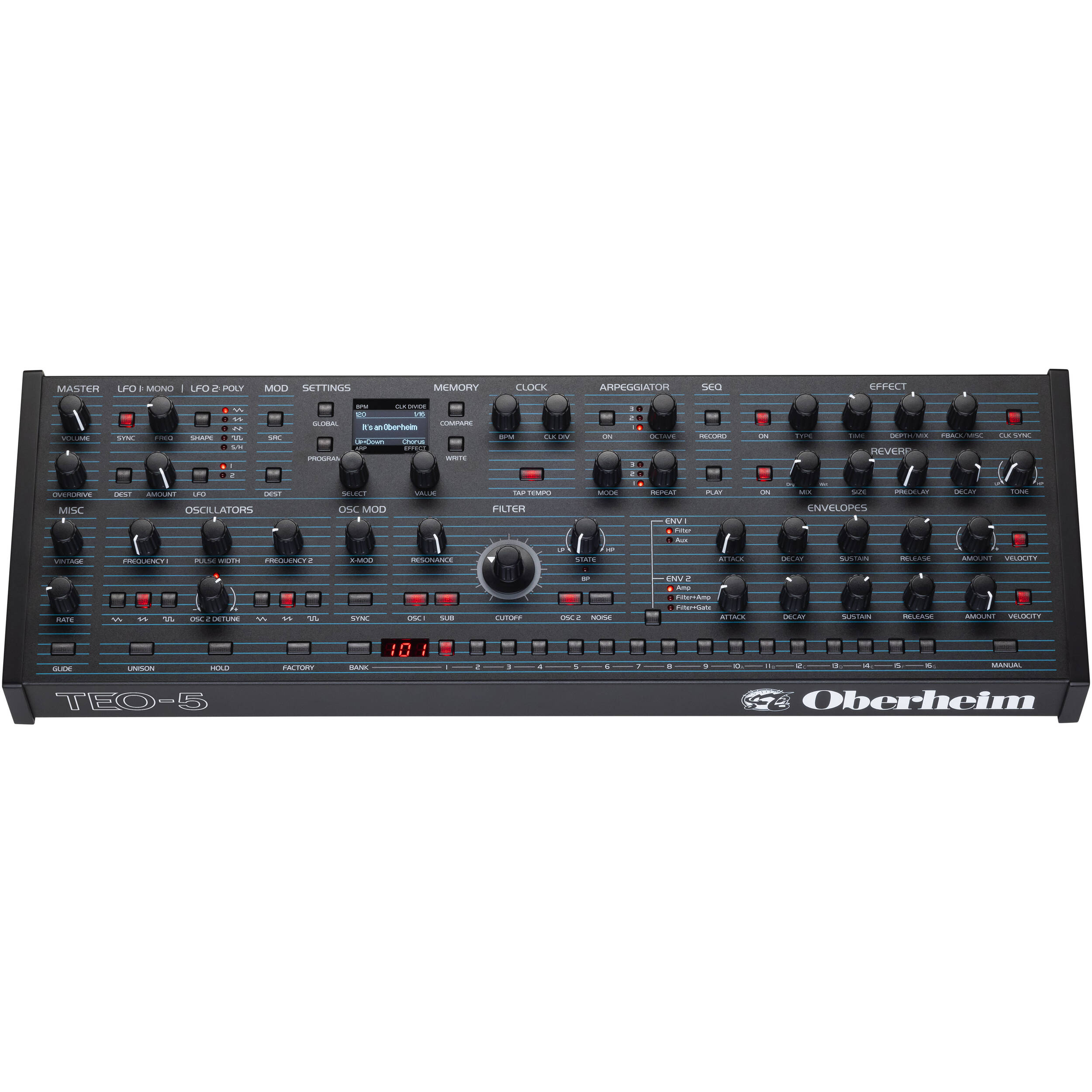 Oberheim TEO-5 desktop synthesizer with control knobs and colorful display, designed for music production and sound creation.