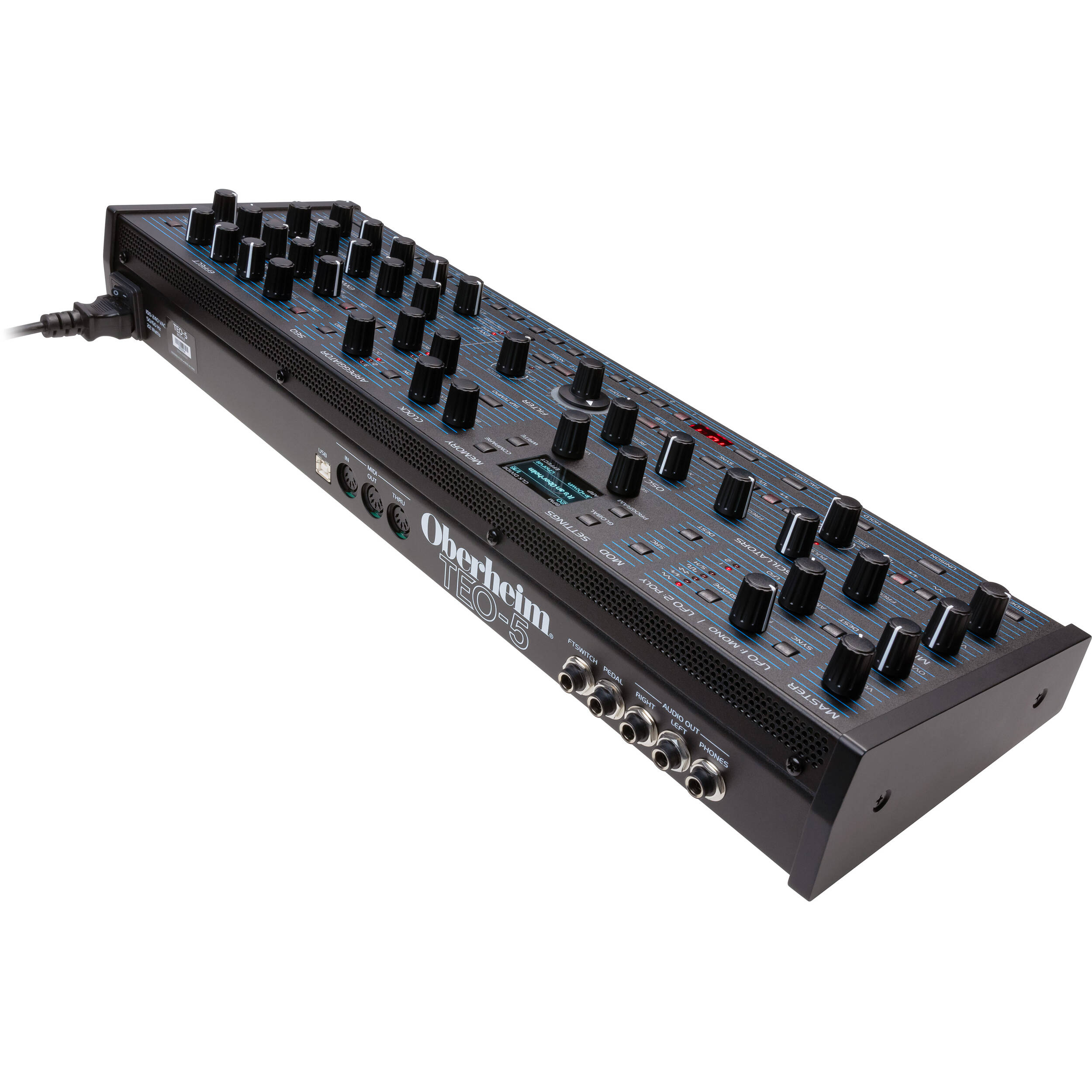 Oberheim TEO-5 desktop synthesizer with keyboard and control knobs, compact music production instrument from Oberheim.