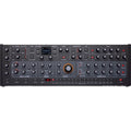 Sequential Take 5 desktop synthesizer shown with control knobs, keyboard, and display screen on a sleek black surface.