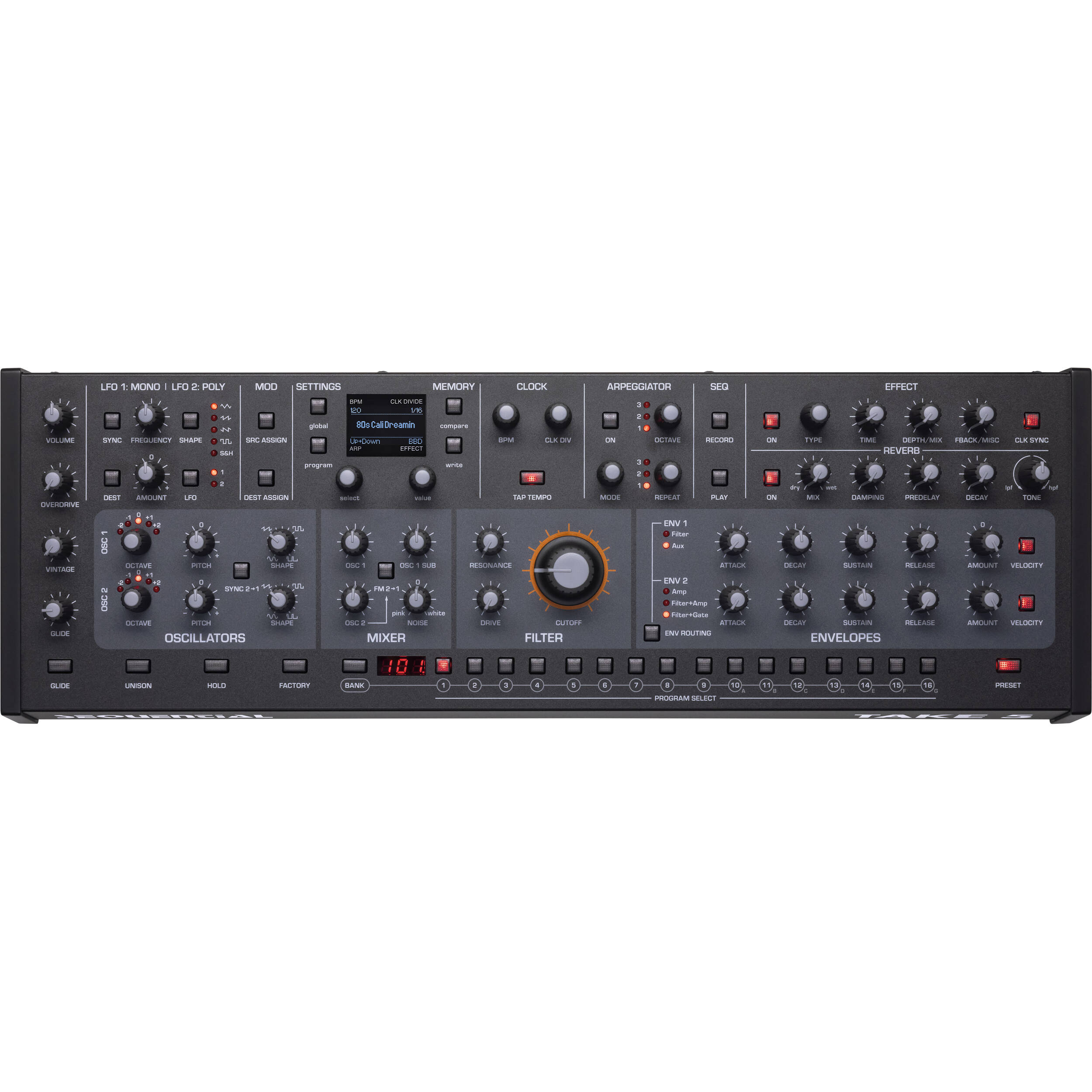Sequential Take 5 desktop synthesizer shown with control knobs, keyboard, and display screen on a sleek black surface.