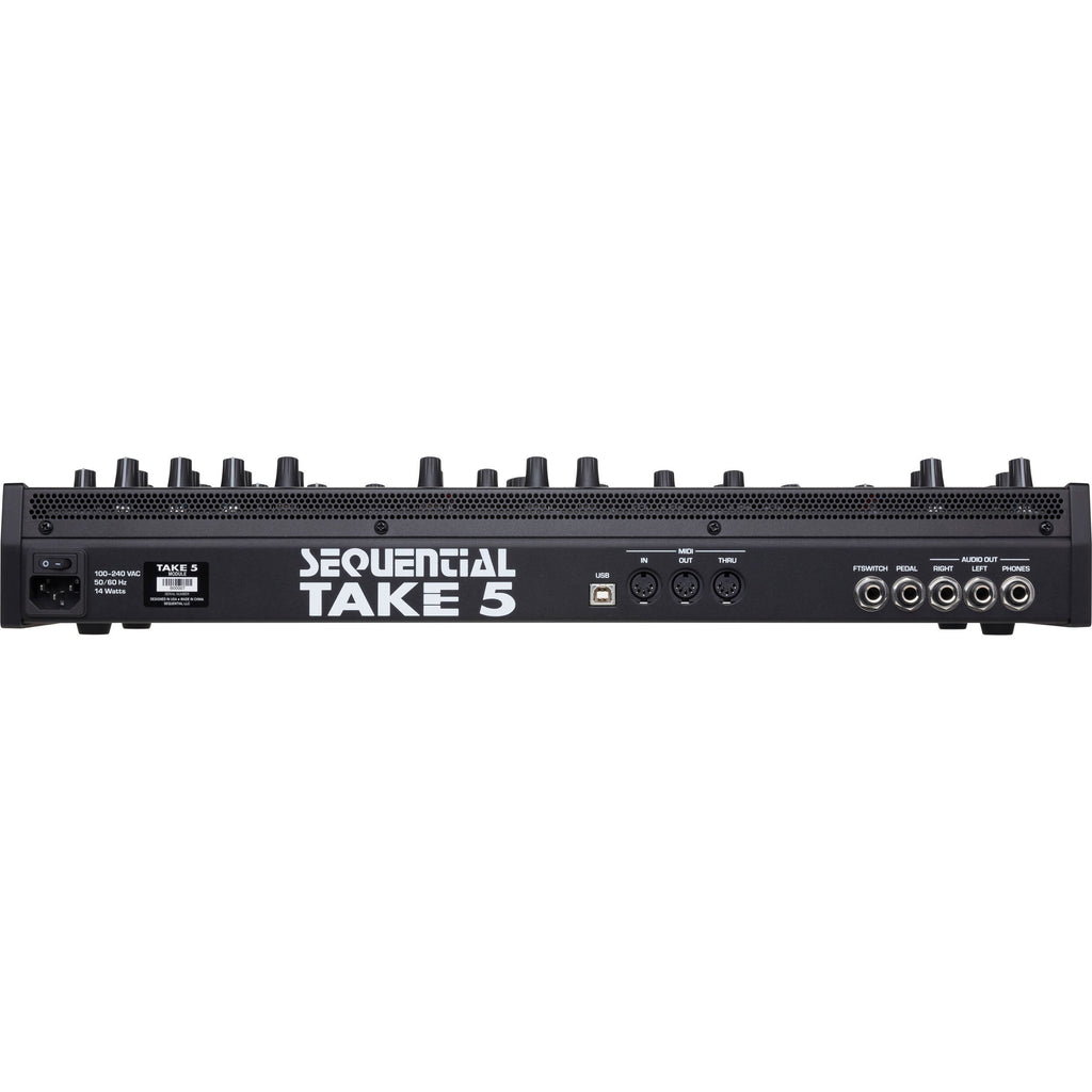 Sequential Take 5 desktop synthesizer with various knobs and buttons, showcasing its compact design and control interface.