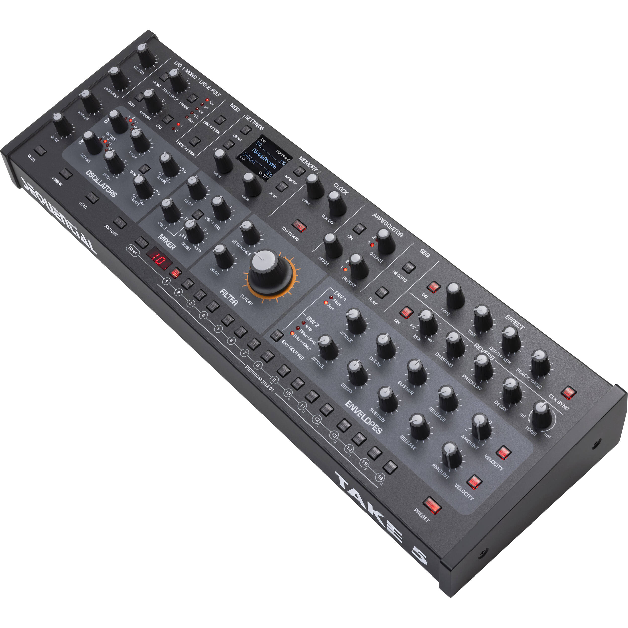 Sequential Take 5 desktop synthesizer with control knobs and keyboard keys, compact electronic music instrument.