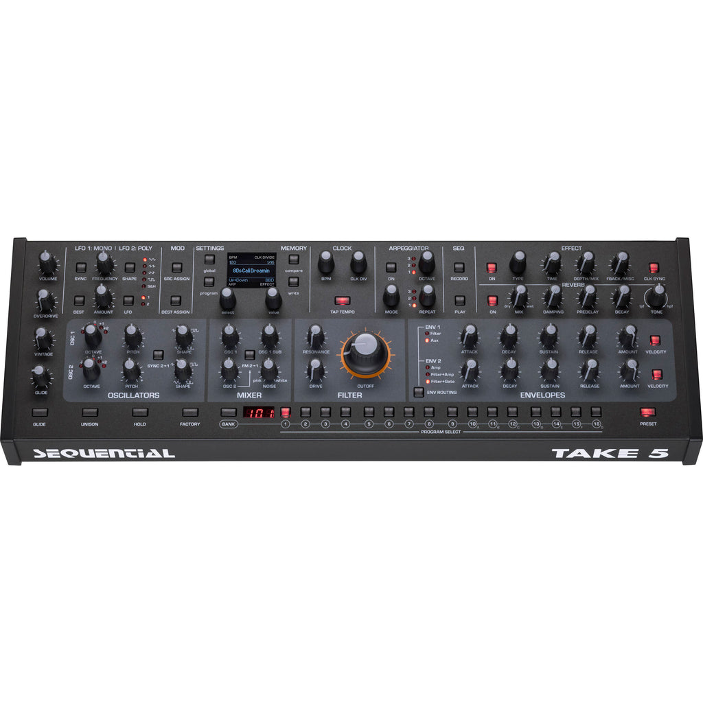 Sequential Take 5 desktop synthesizer with knobs, buttons, and a compact black design, ideal for music production.