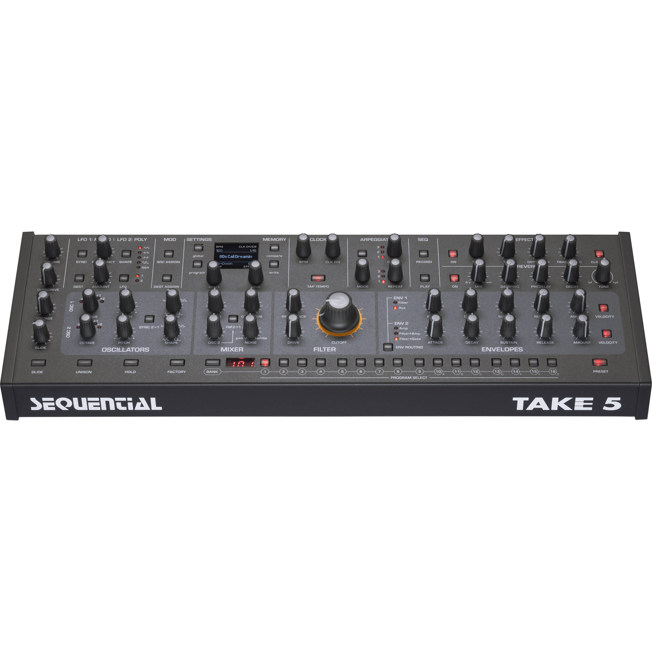 Sequential Take 5 desktop synthesizer with keyboard, knobs, and controls, showing its compact design and interface.