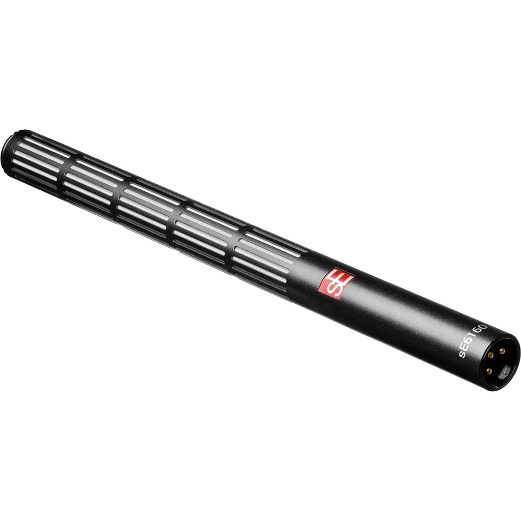 sE Electronics sE6160 shotgun microphone mounted on a stand, showcasing its professional audio recording design and build.