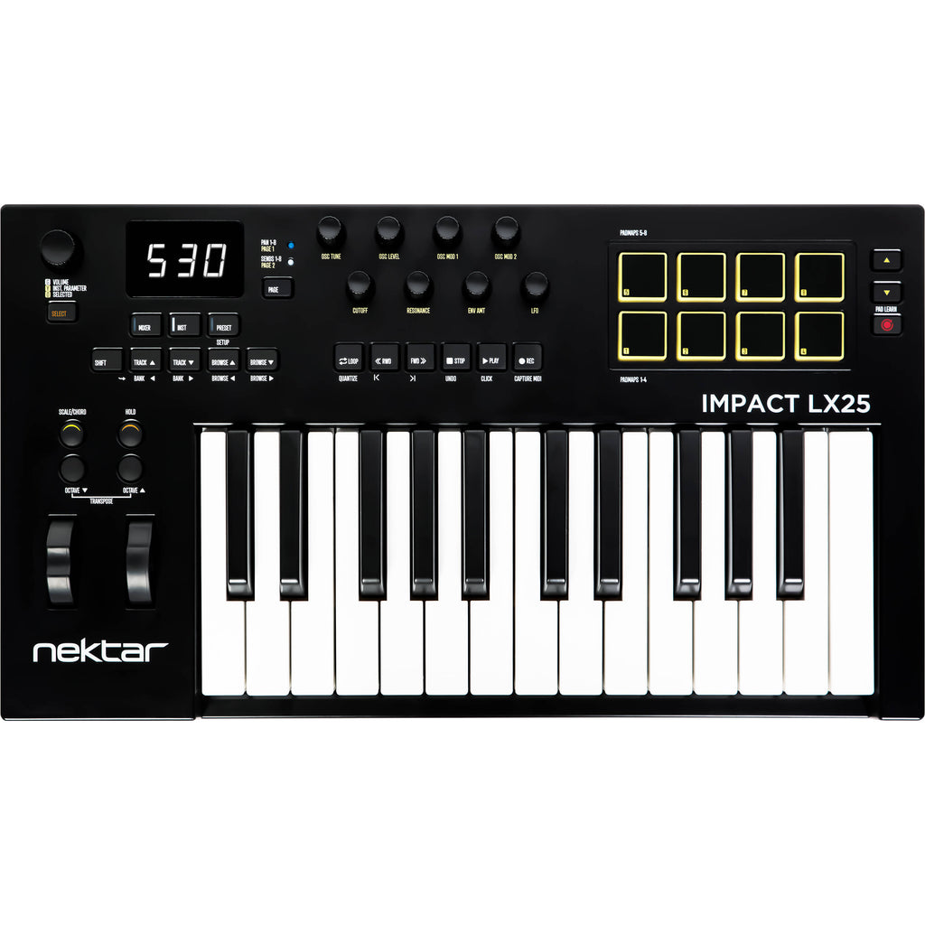 Nektar Impact LX25 MK3 MIDI keyboard with 25 keys, velocity-sensitive keys, and control knobs for music production.