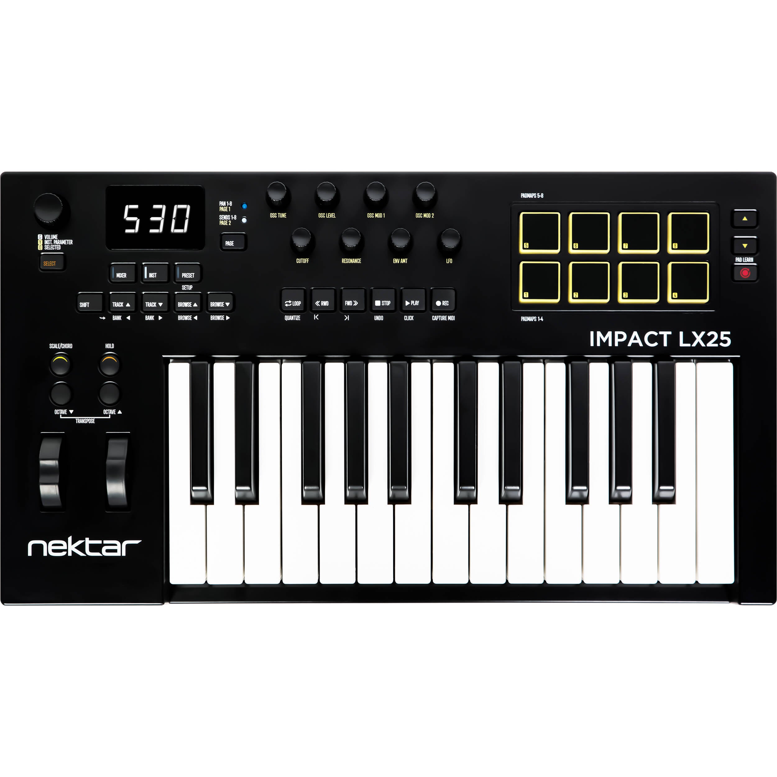 Nektar Impact LX25 MK3 MIDI keyboard with 25 keys, velocity-sensitive keys, and control knobs for music production.