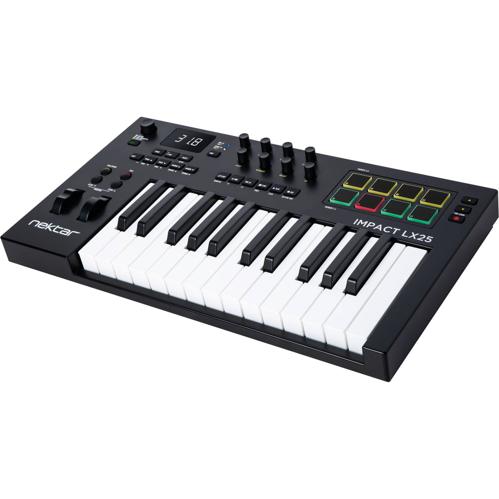 Nektar Impact LX25 MK3 MIDI keyboard with 25 keys, control knobs, and buttons for music production and digital performance.