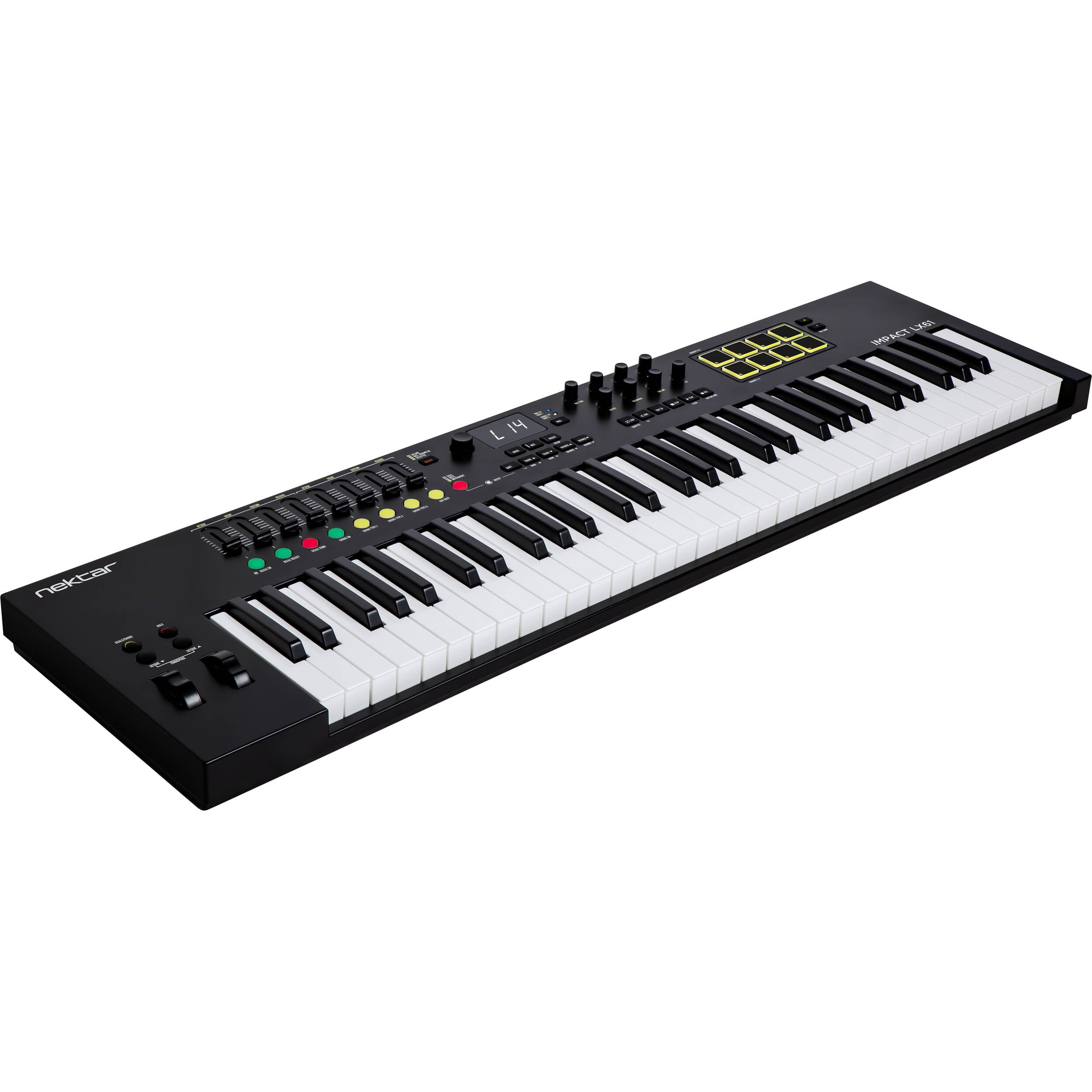 Nektar Impact LX61 MK3 MIDI keyboard with 61 keys, control knobs, and pads, designed for music production and performance.
