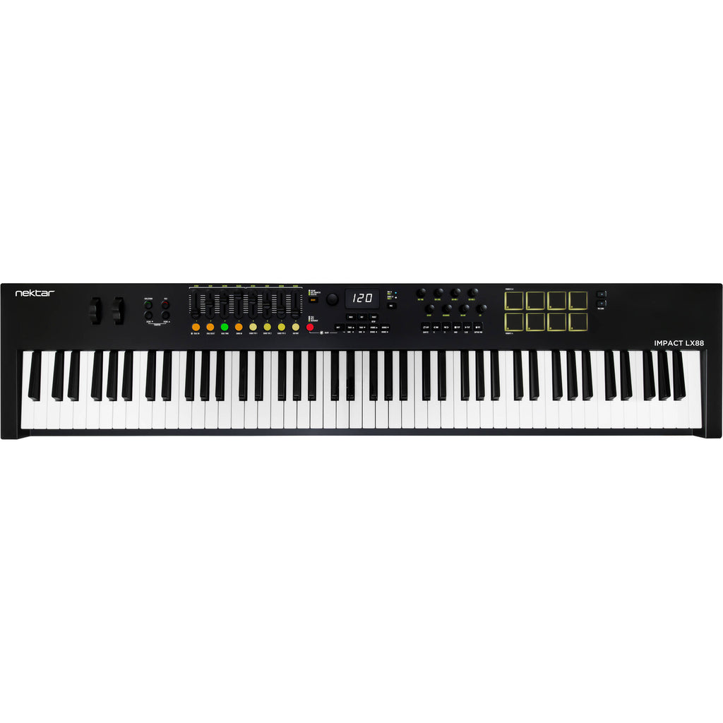 Nektar Impact LX88 MK3 MIDI keyboard with 88 keys, control knobs, and transport buttons for music production.