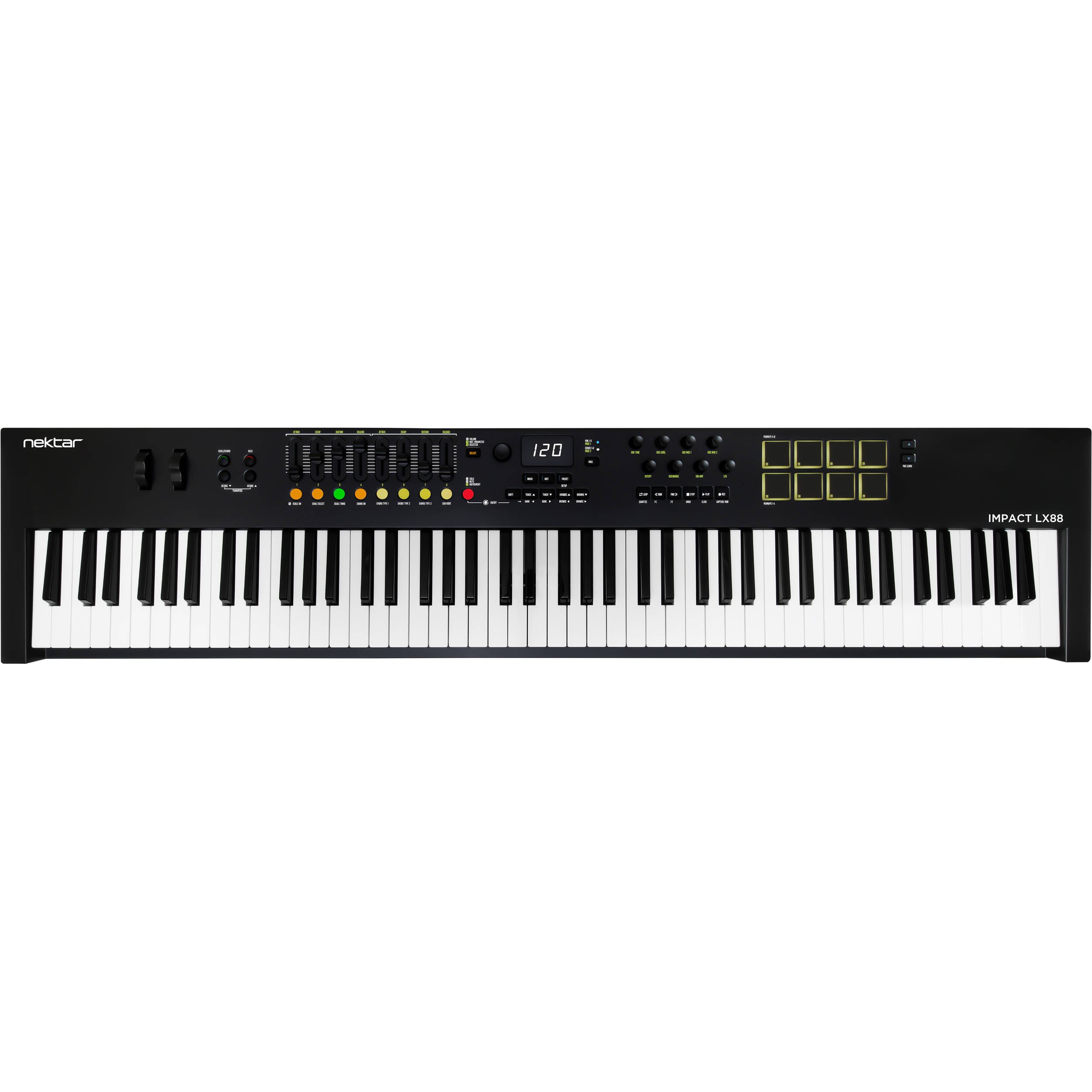 Nektar Impact LX88 MK3 MIDI keyboard with 88 keys, control knobs, and transport buttons for music production.