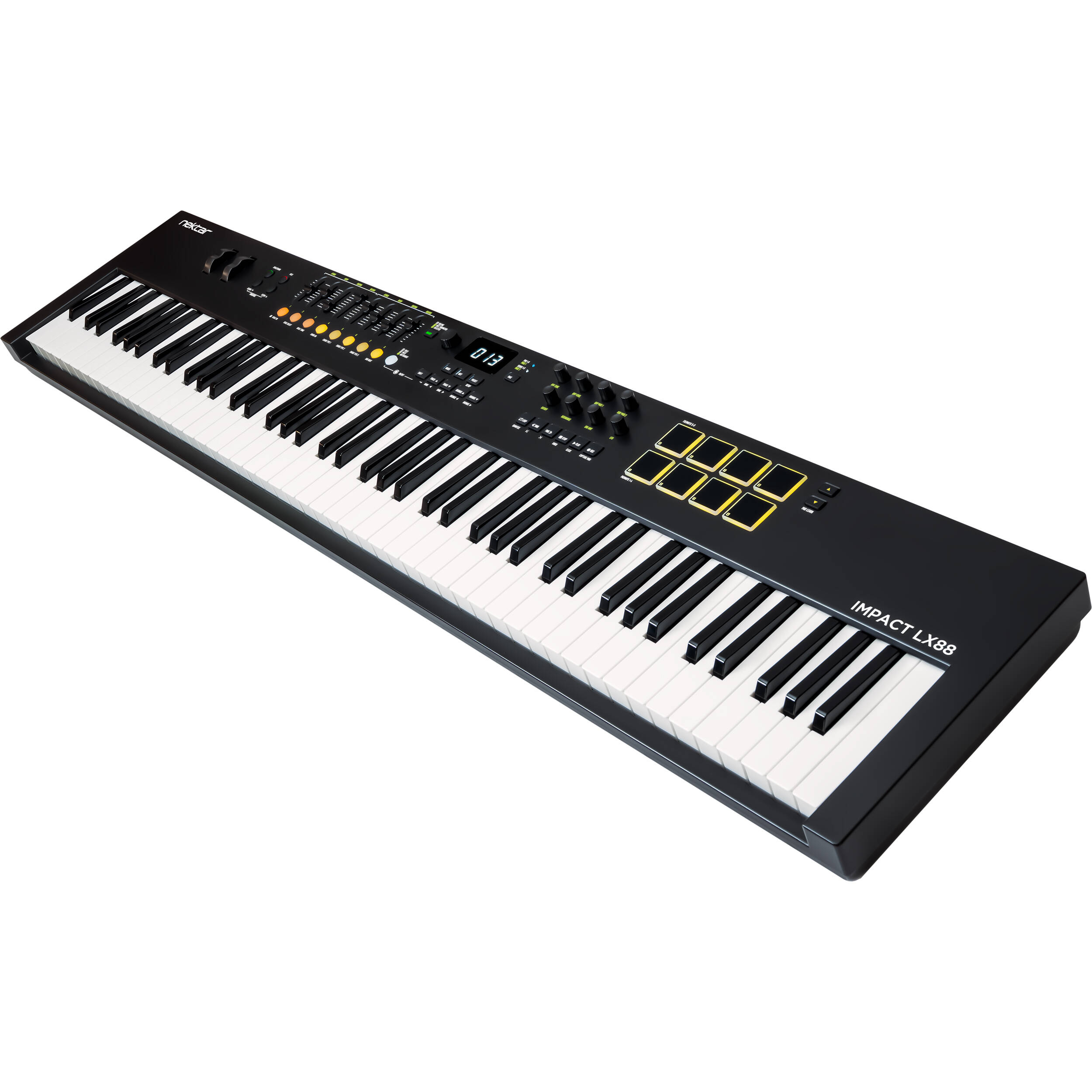Nektar Impact LX88 MK3 MIDI keyboard with 88 keys, control knobs, and pitch/mod wheels for music production.