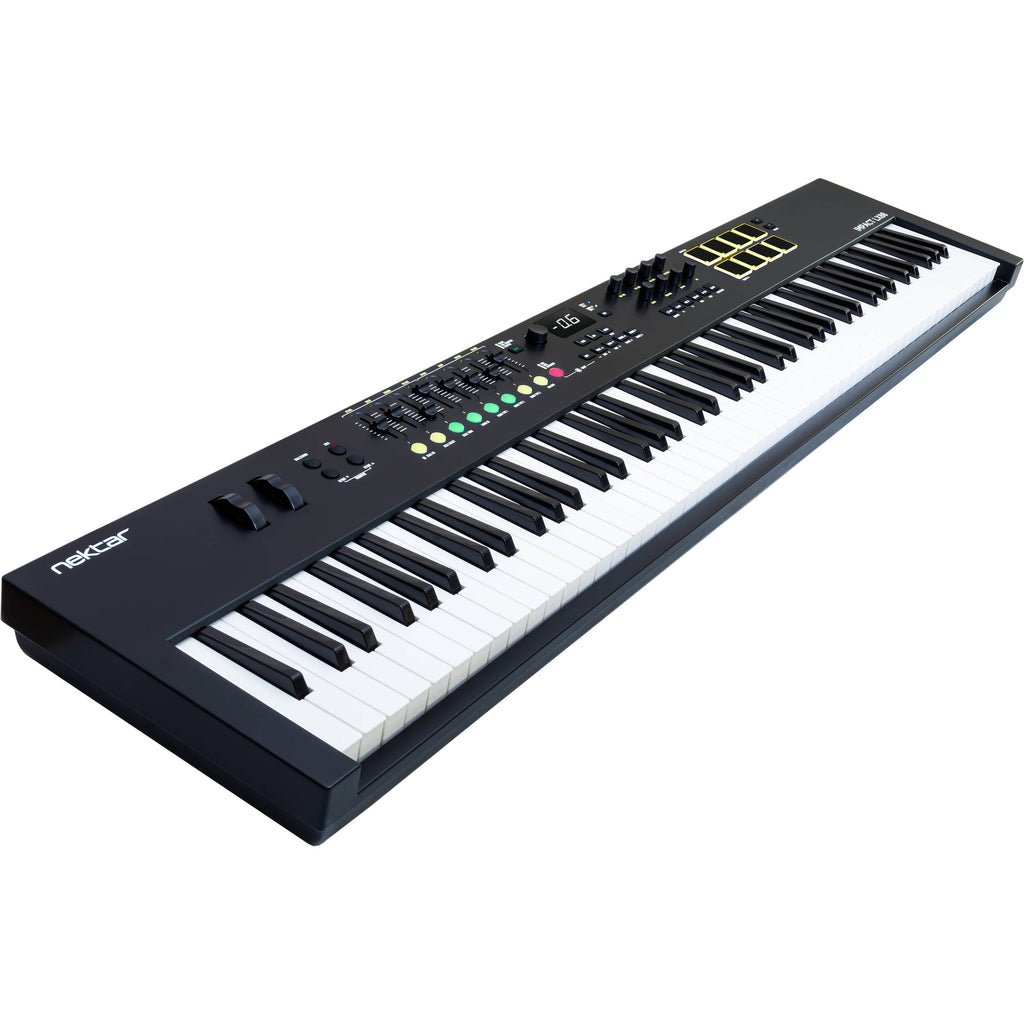Nektar Impact LX88 MK3 midi keyboard with 88 keys, control knobs, and software integration for music production.
