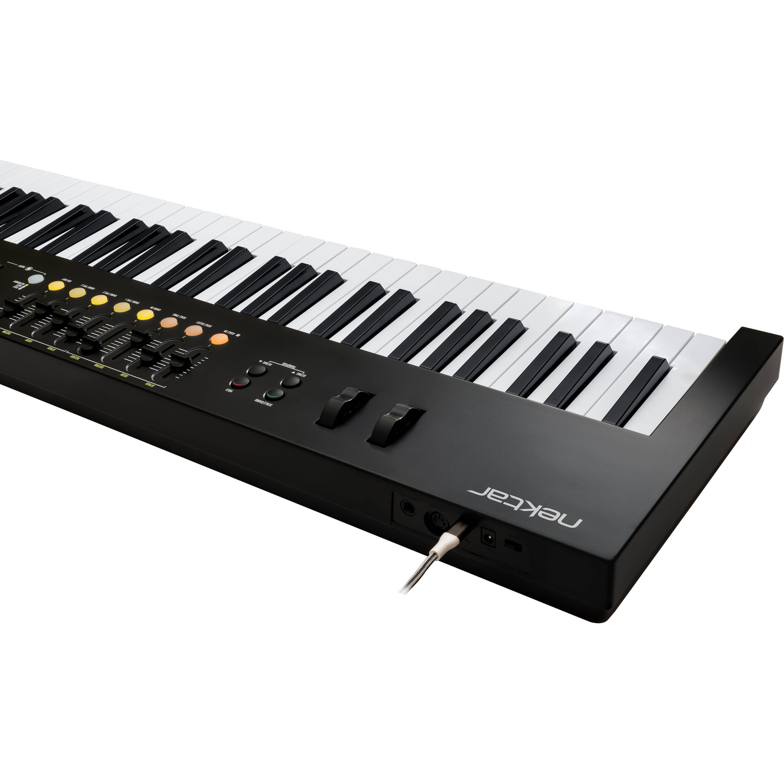 Nektar Impact LX88 MK3 MIDI keyboard with 88 keys, control knobs, and pads for music production and performance.