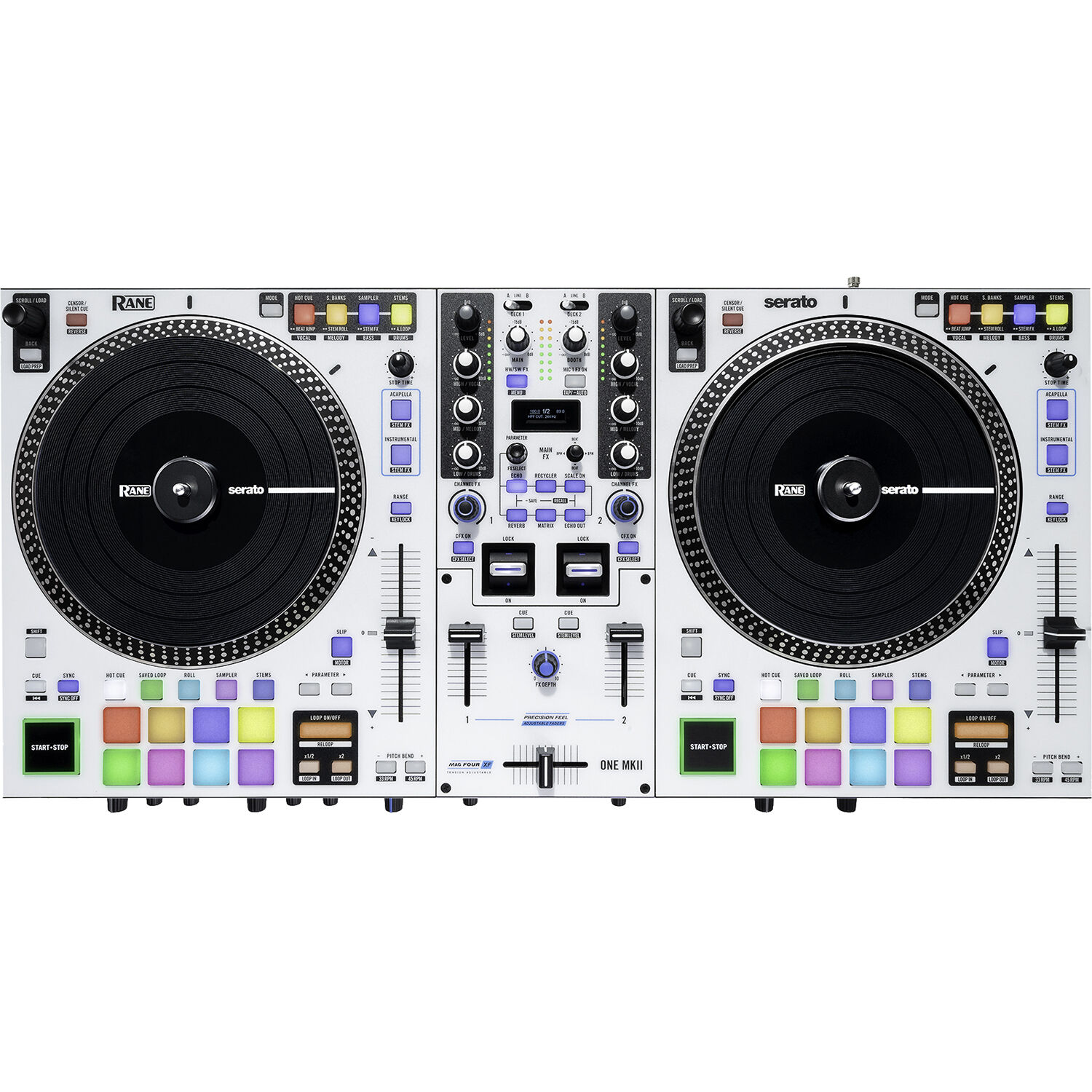 Rane One MKII DJ controller with jog wheels, mixer buttons, and performance pads for professional DJ mixing.