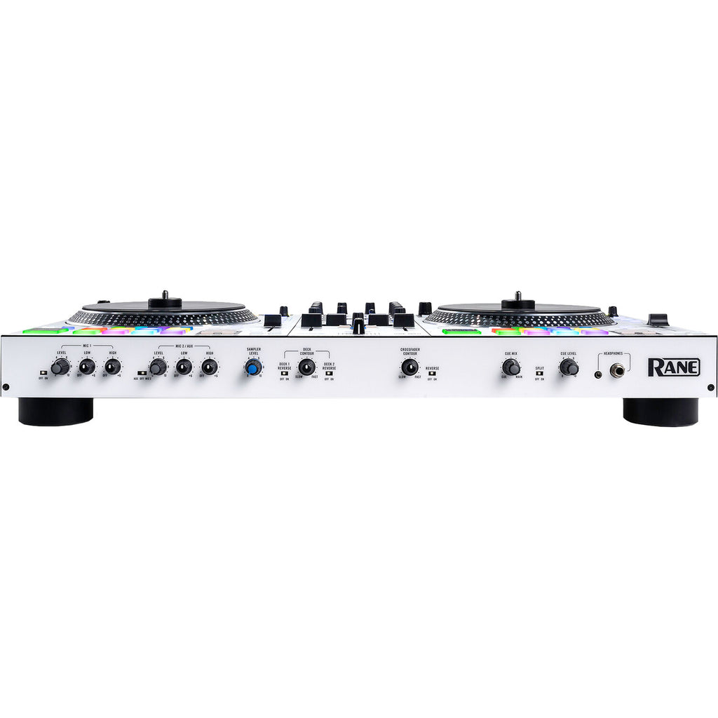 Rane One MKII DJ controller with jog wheels, mixer controls, and performance pads for professional DJ mixing and scratching.