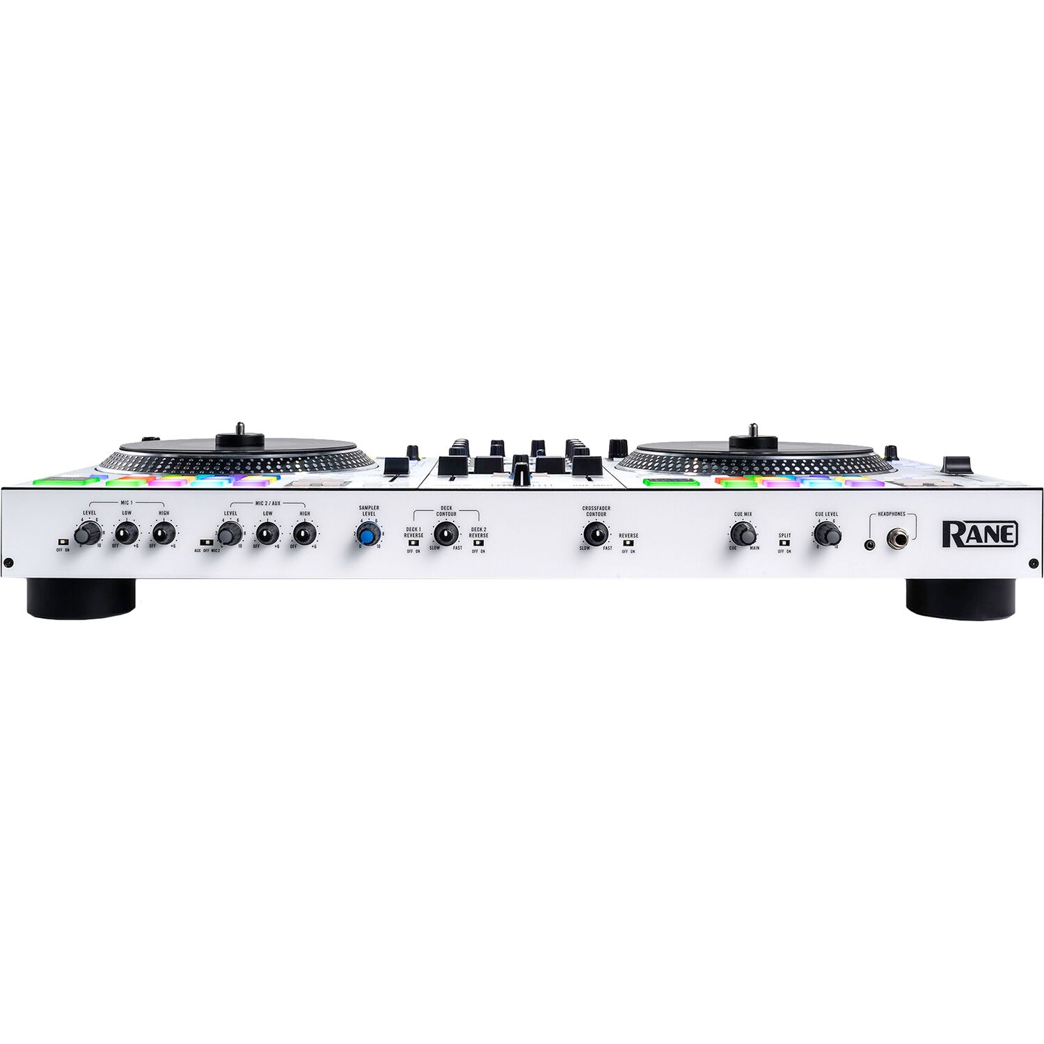 Rane One MKII DJ controller with jog wheels, mixer controls, and performance pads for professional DJ mixing and scratching.