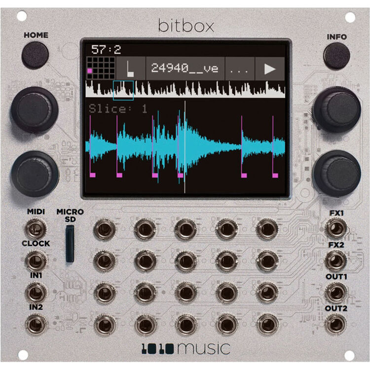 Semi-modular synthesizer 1010music Bitbox MK2 with colorful patch points and control knobs for electronic music production.