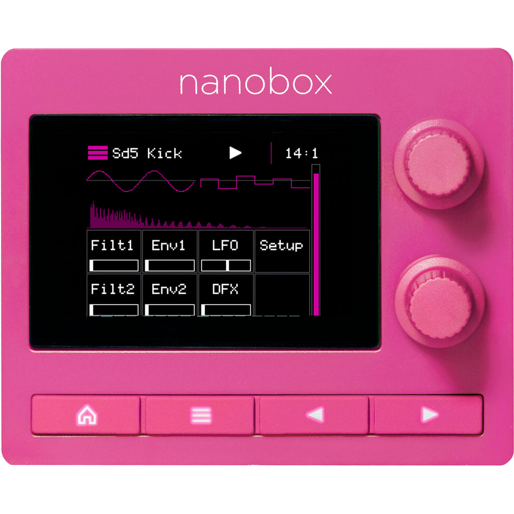 1010music Nanobox Razzmatazz drum machine and sampler with colorful controls and knobs, ready for music production and beats.