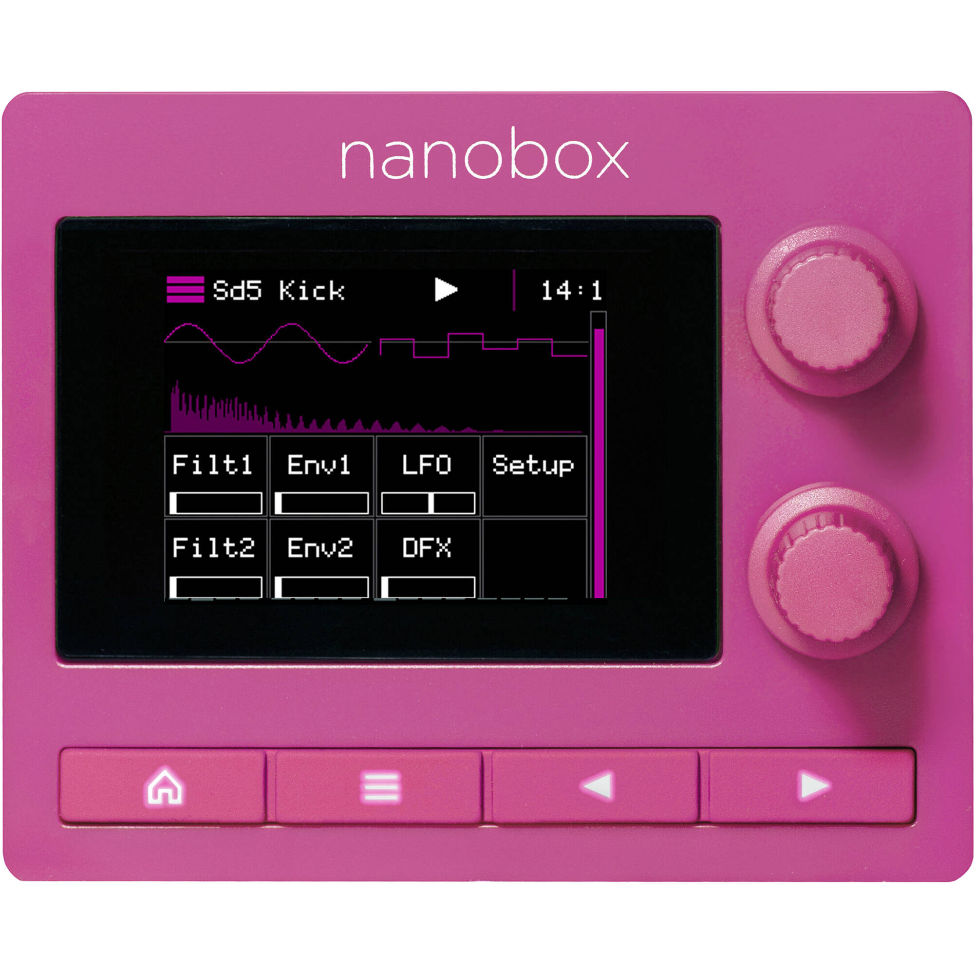 1010music Nanobox Razzmatazz drum machine and sampler with colorful controls and knobs, ready for music production and beats.