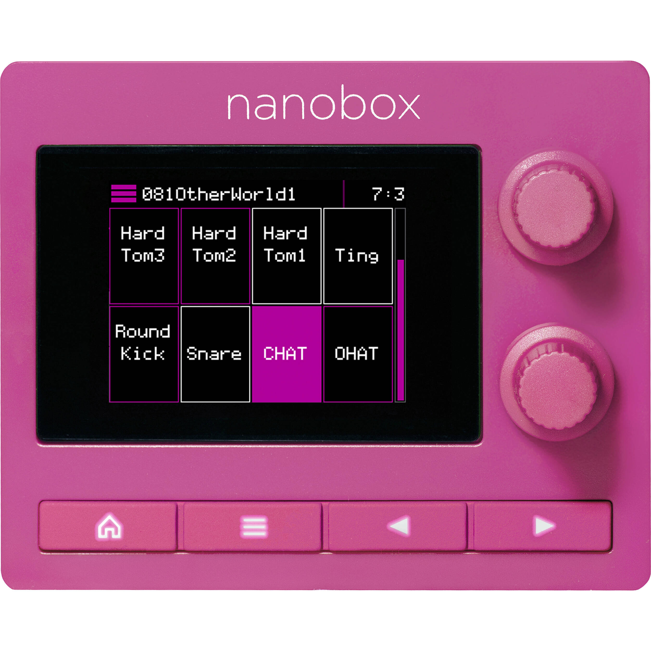1010music Nanobox Razzmatazz drum machine with colorful control knobs and buttons, compact electronic music sampler and sequencer.