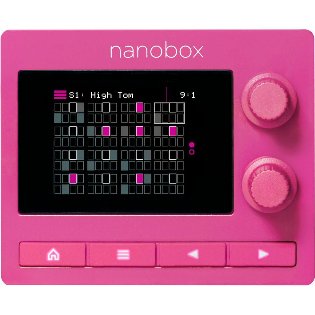1010music Nanobox Razzmatazz drum machine and sampler with colorful controls and compact design for electronic music production.